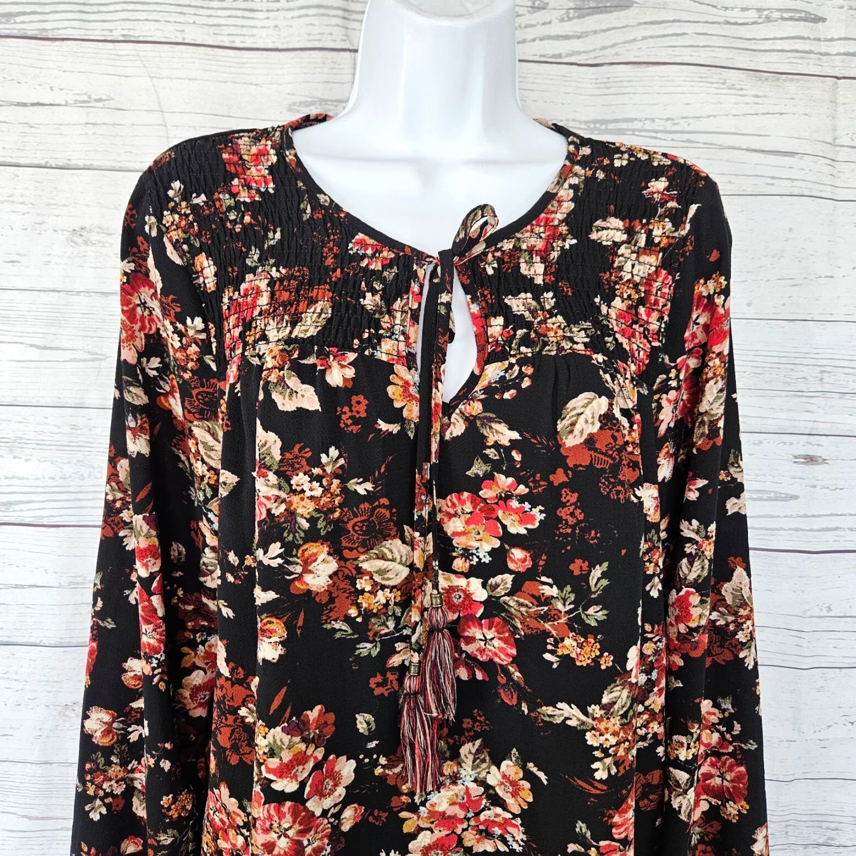 Vintage Knox Rose Womens Blouse XL Black Red Floral Long Sleeve Top Size XL / US 12-14 / IT 48-50 - 2 Thumbnail
