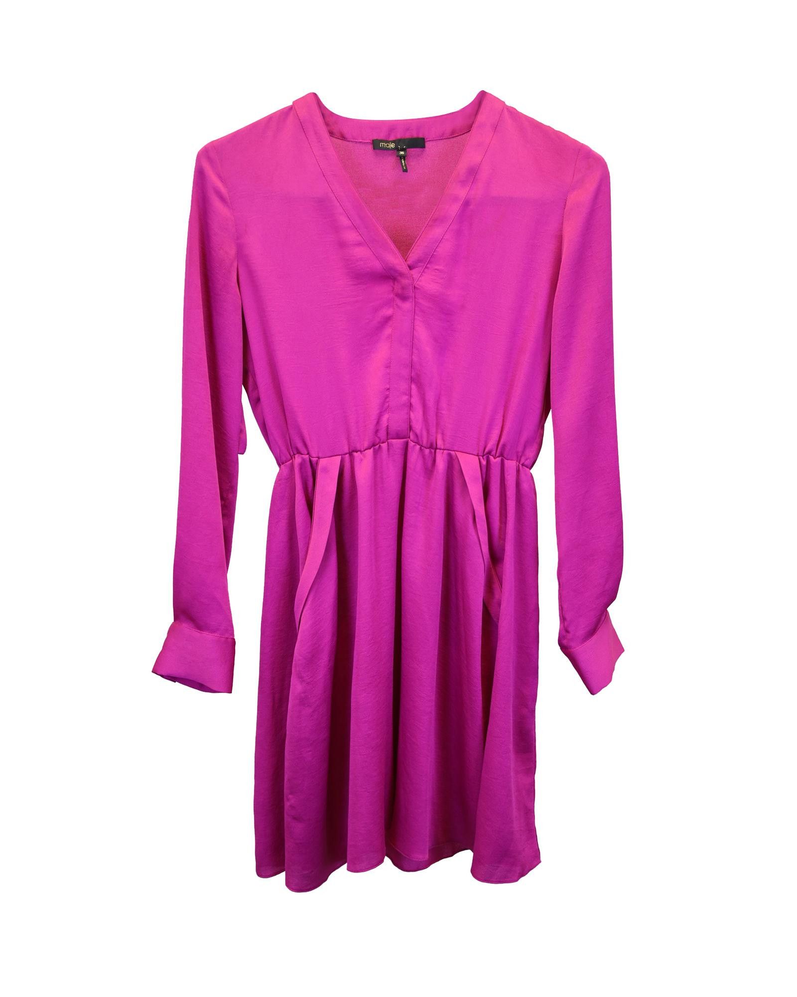 image of Magenta Silk V-Neck Mini Dress By Maje in Pink, Women's (Size XS)