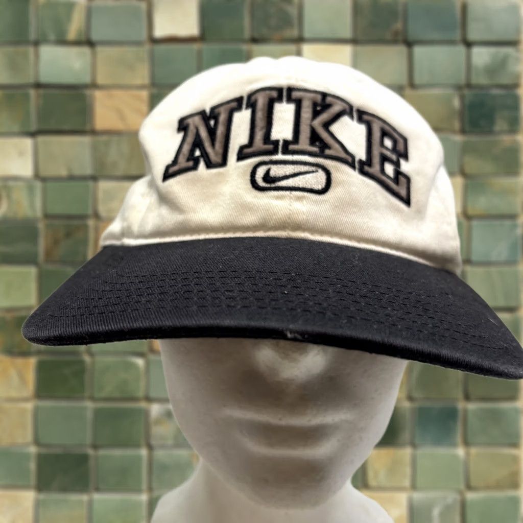 VINTAGE Nike Baseball Cap White Blue Brim Black Tag Strap Back 90s Streetwear Mens One Size White