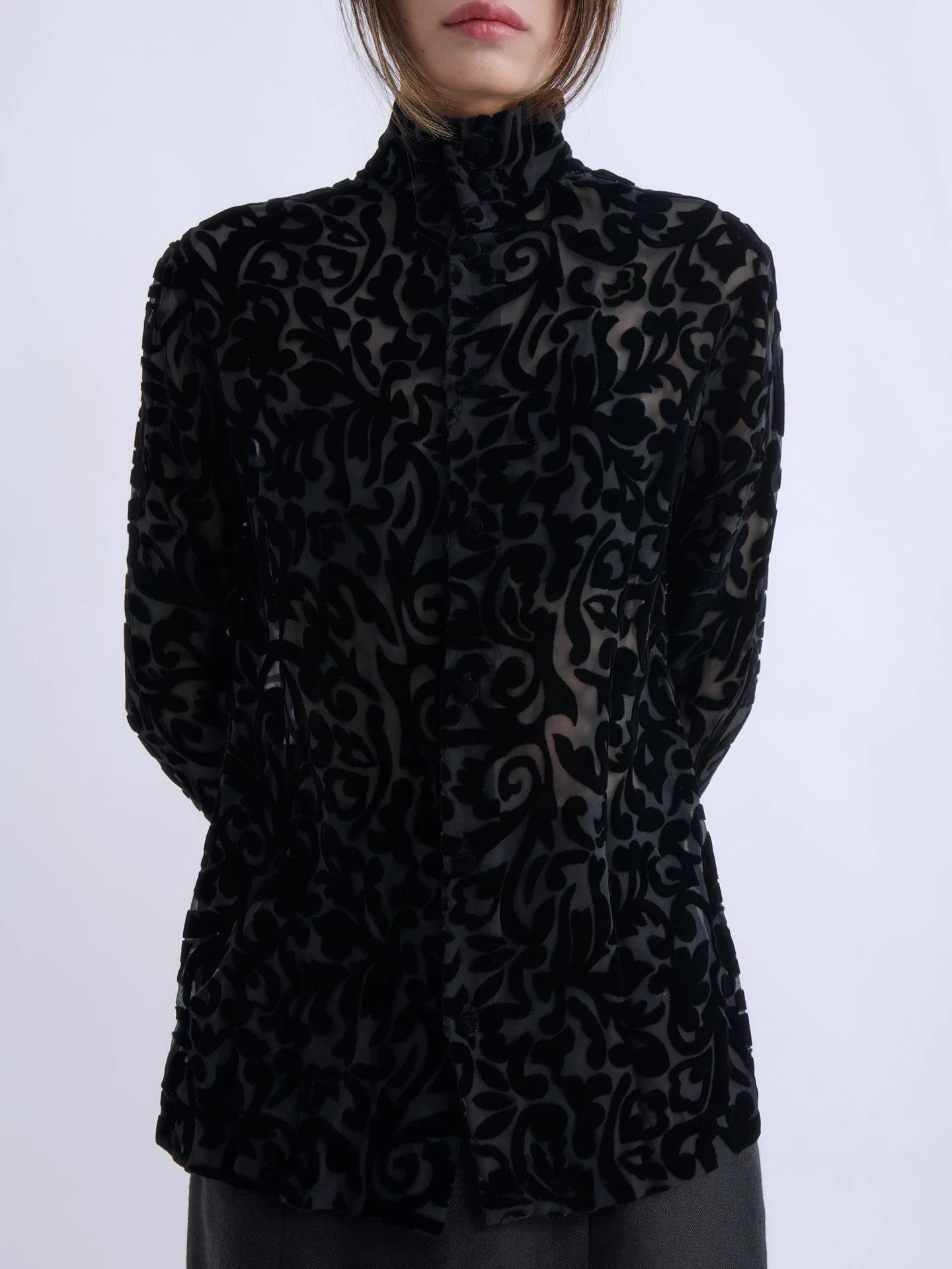 Romeo Gigli ROMEO GIGLI 90s Black Flocked Sheer Velvet High Neck Top NWT Size S / US 4 / IT 40 - 1 Thumbnail
