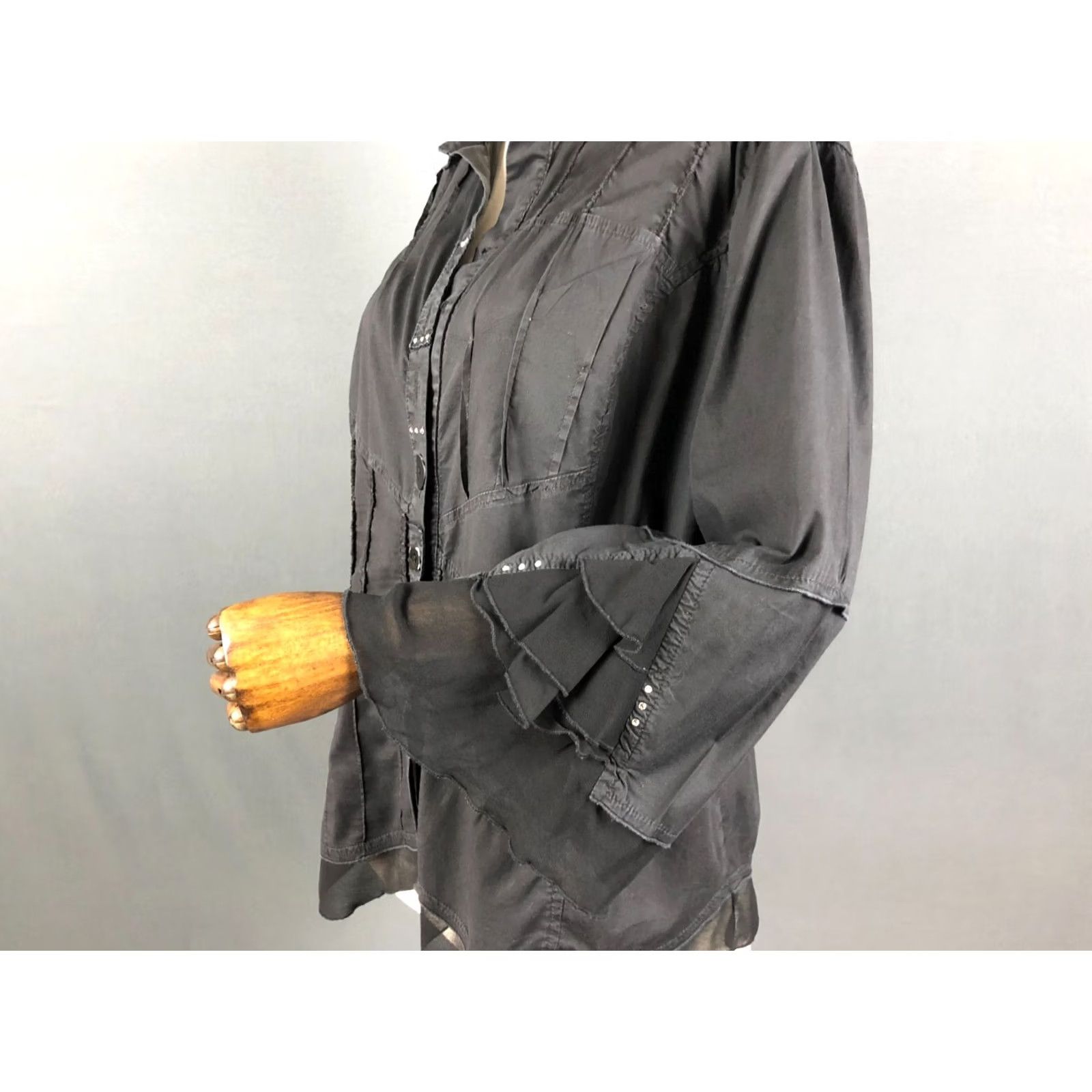 Vintage Bottega Blouse Shirt Cotton Women's L Black Bell Sleeve Collared Button Knit Ruffle Vintage No Size ONE SIZE - 7 Thumbnail