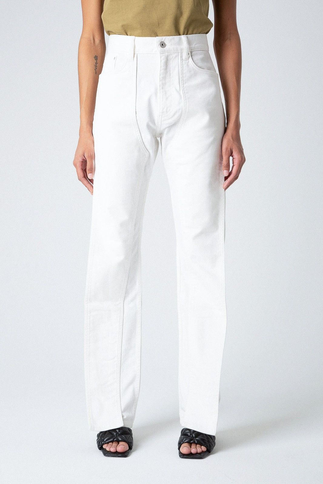 image of Yproject Classic Front Panel White Denim Flap Pant, Women's (Size 24)