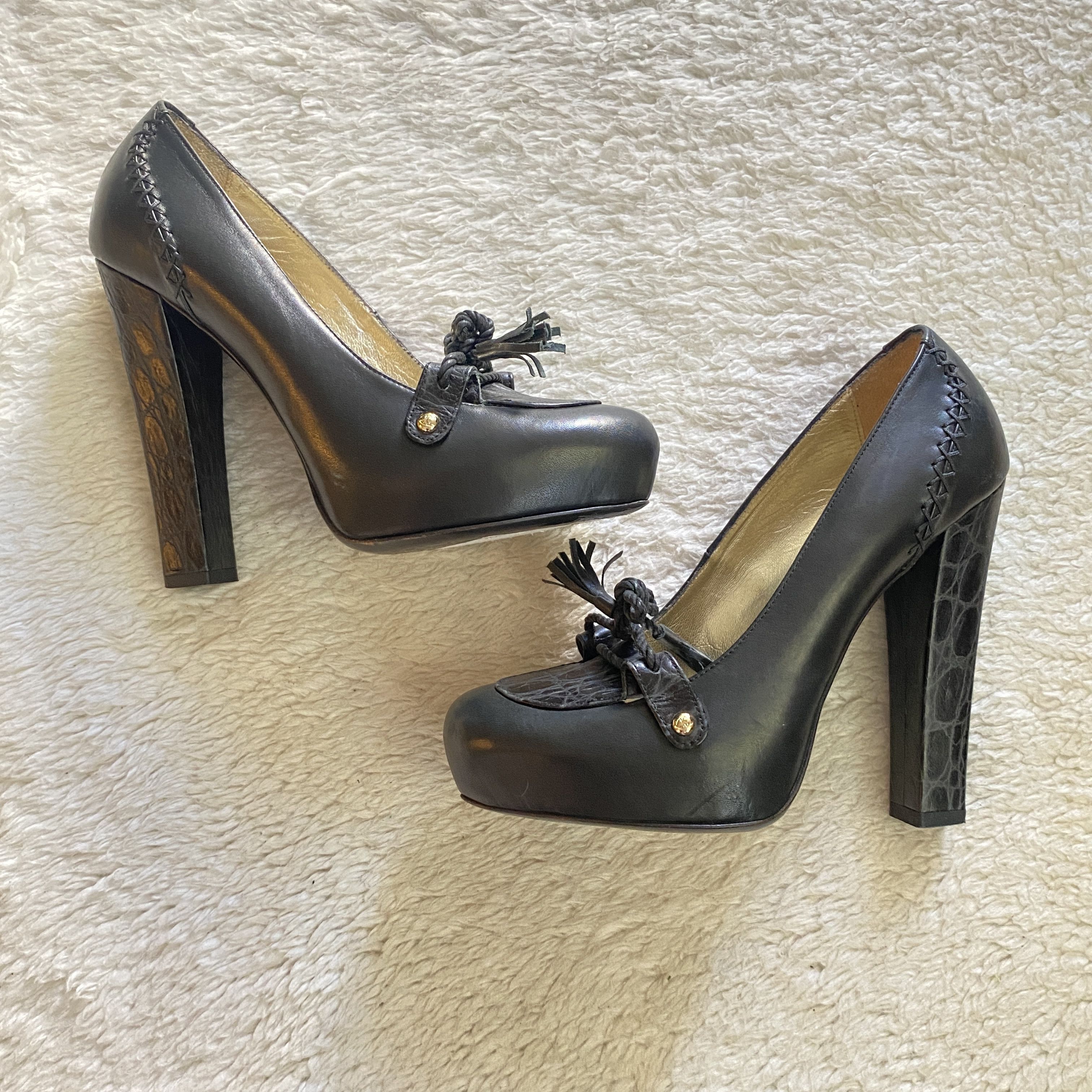Just Cavalli Vintage JUST CAVALLI Black Leather Platform Heels Size US 8.5 / IT 38.5 - 10 Thumbnail