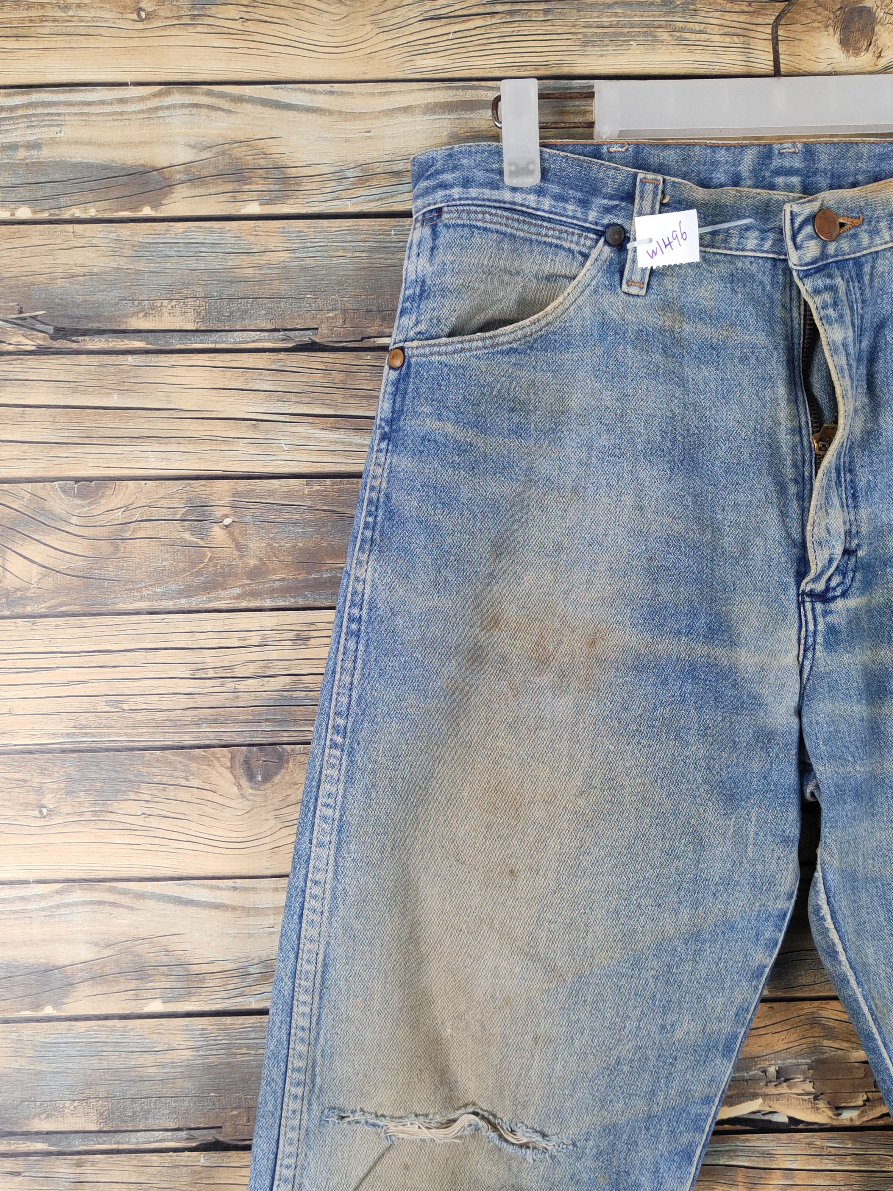 Japanese Brand Wrangler Blue Distressed Ripped denim Jeans #W1496 Size US 31 - 3 Thumbnail