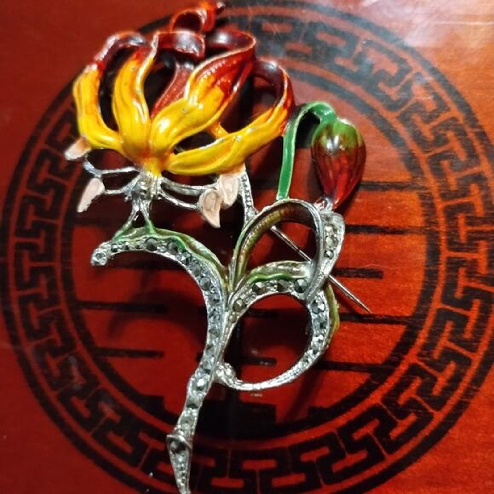 Vintage Vintage BJL Enamel Marcasite Brooch, Flower Estate Lapel Pin Size ONE SIZE - 1 Thumbnail