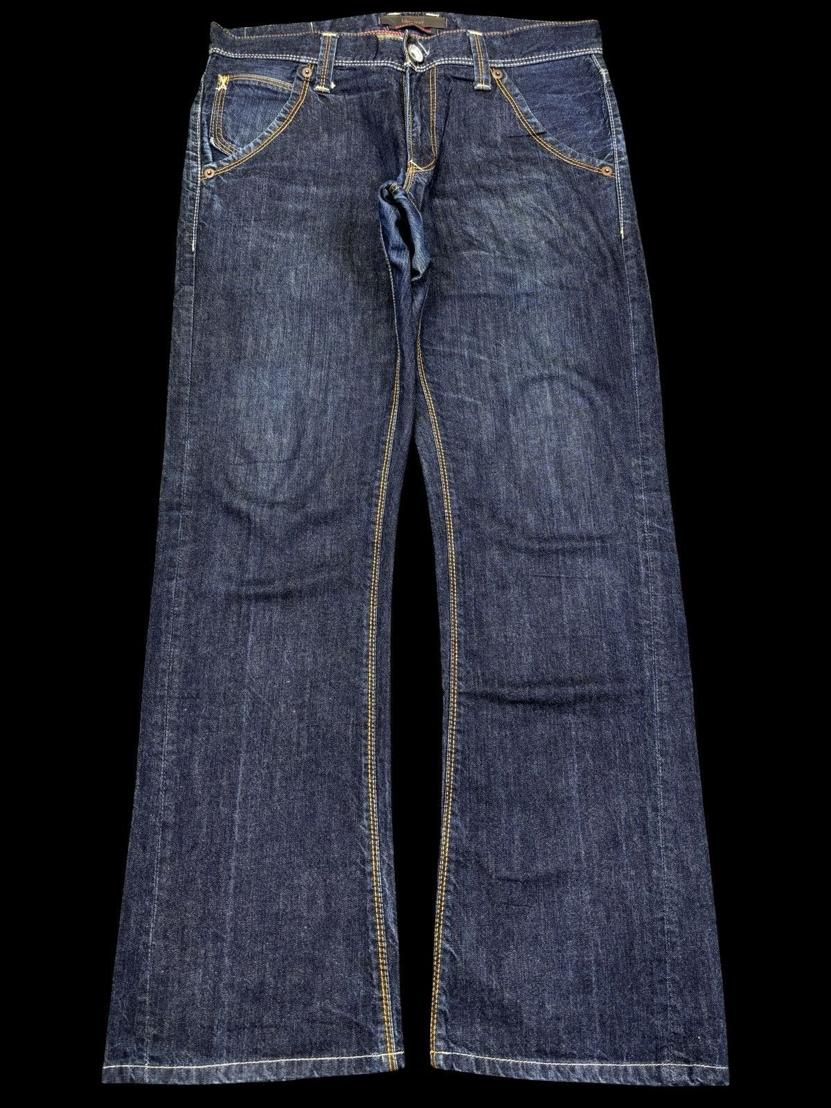 Japanese Brand 💥Flare💥Vintage BLUE WAY Dark Blue Denim F890 Size US 33 - 2 Thumbnail