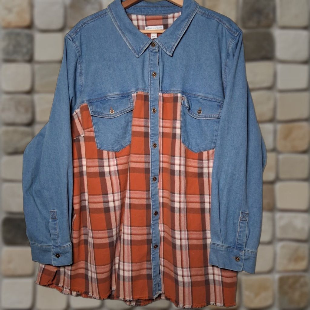 Denime Canyon Retreat Button-Up Denim Shirt Plaid Chambray Blue 3X Women Casual Distressed Look Size XXL / US 16-18 / IT 52-54 - 1 Thumbnail