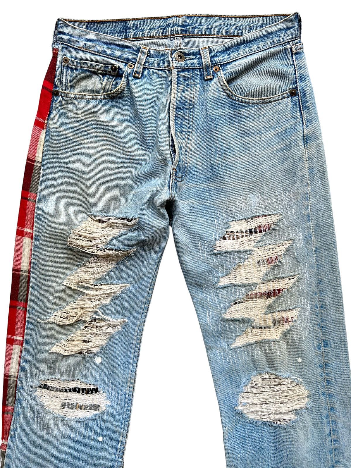 Seditionaries 🔥Japanese Brand Patchwork Ripped Checkered Plaid Denim Jeans Size US 31 - 4 Thumbnail