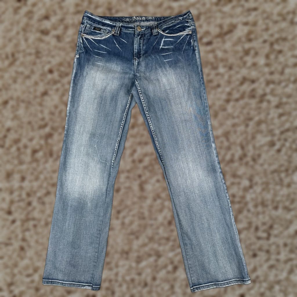Denime Adiktd Jeans Women 12 Blue Denim Bootcut Distressed Embellished 33x31 Jeans Size 34" / US 12 / IT 48 - 1 Thumbnail