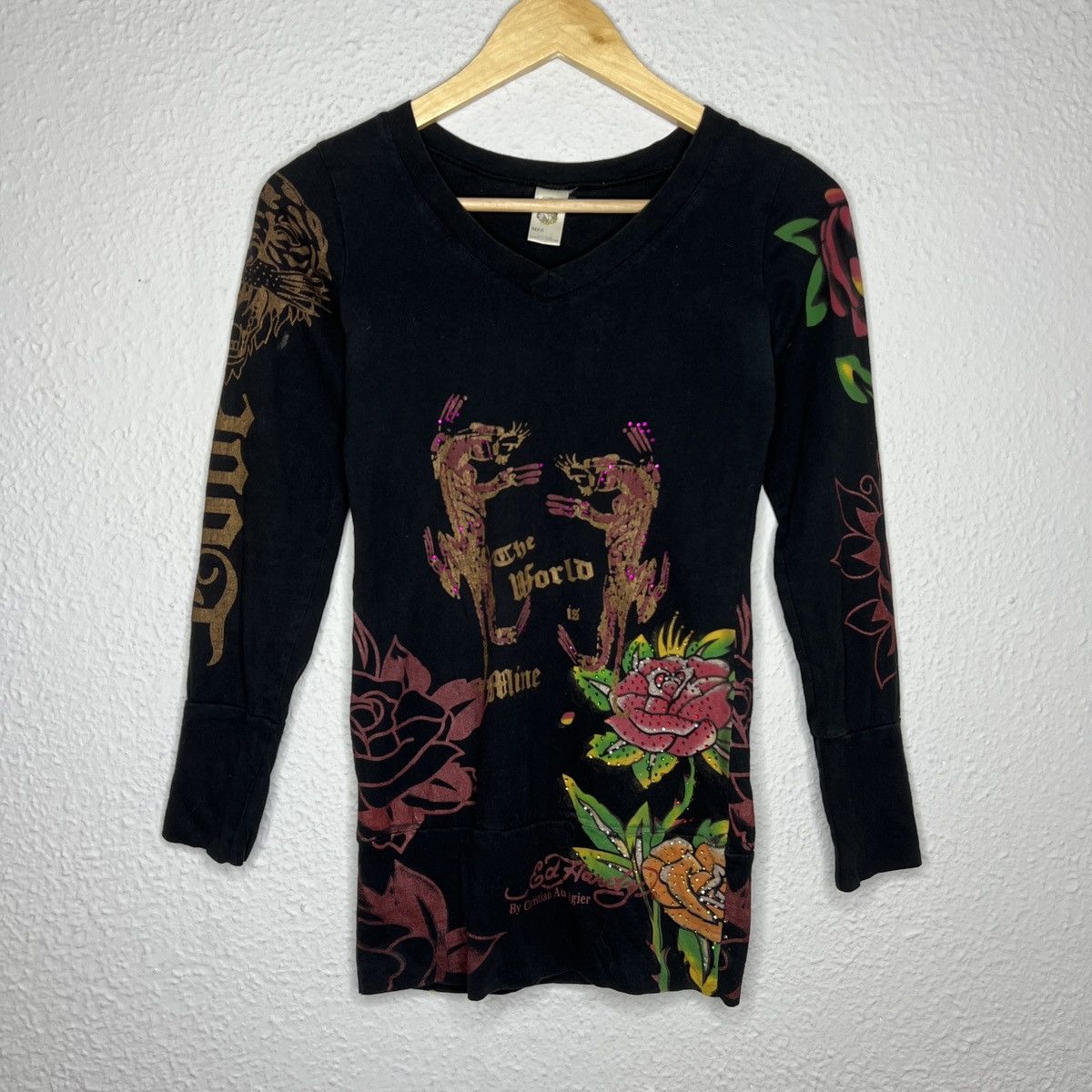 Ed Hardy Ed Hardy Longsleeve Black Crystals Full Print Tiger Rose Y2K Size S / US 4 / IT 40 - 1 Thumbnail