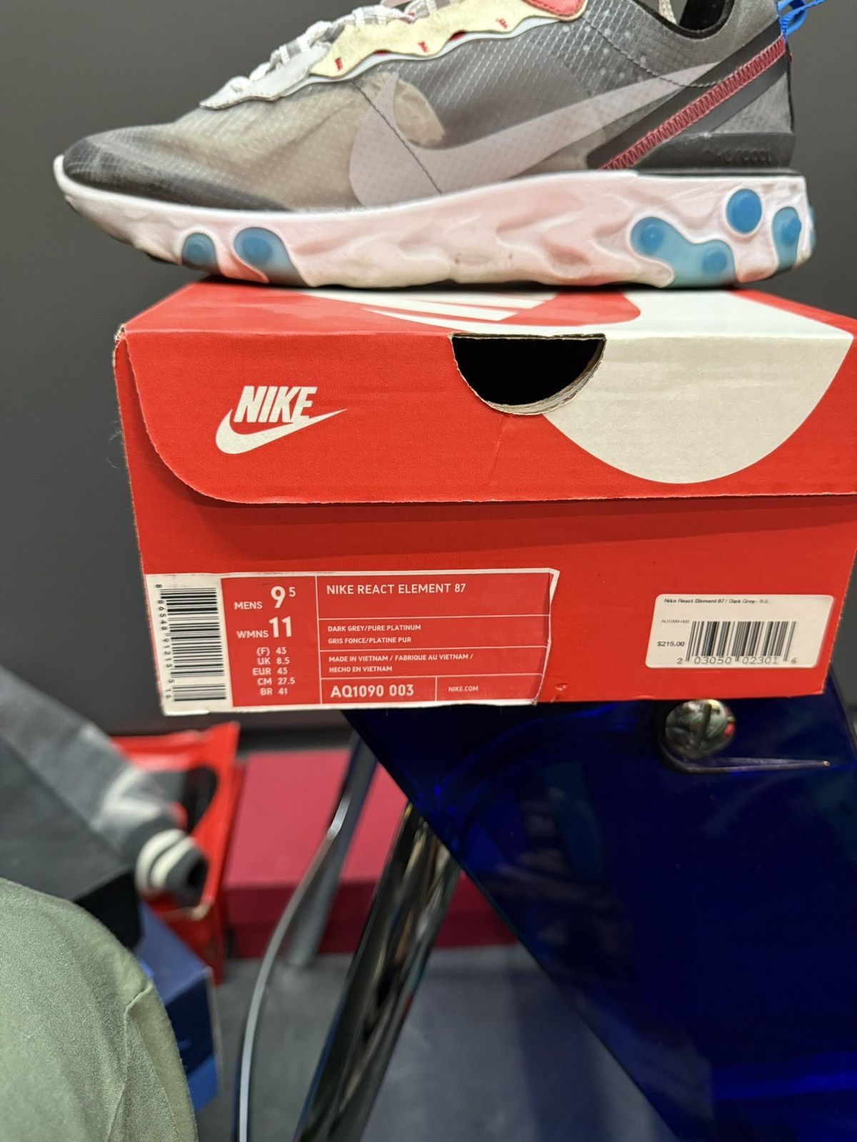 Nike Nike React Element 87 Dark Grey Photo Blue 9.5 AQ1090-003 Size US 9.5 / EU 42-43 - 2 Thumbnail