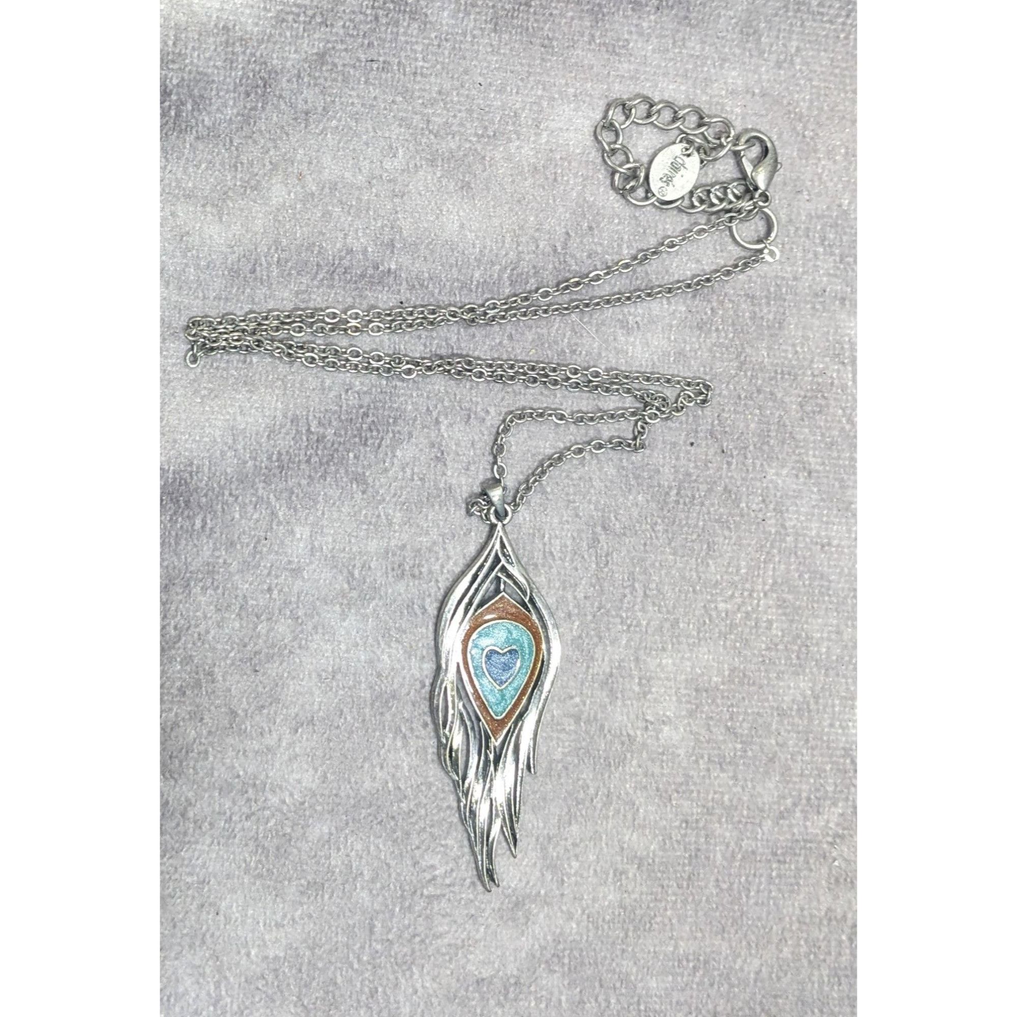 Other Y2K Bohemian Feather Heart Necklace Metal With Shimmer Ename Size ONE SIZE - 6 Thumbnail