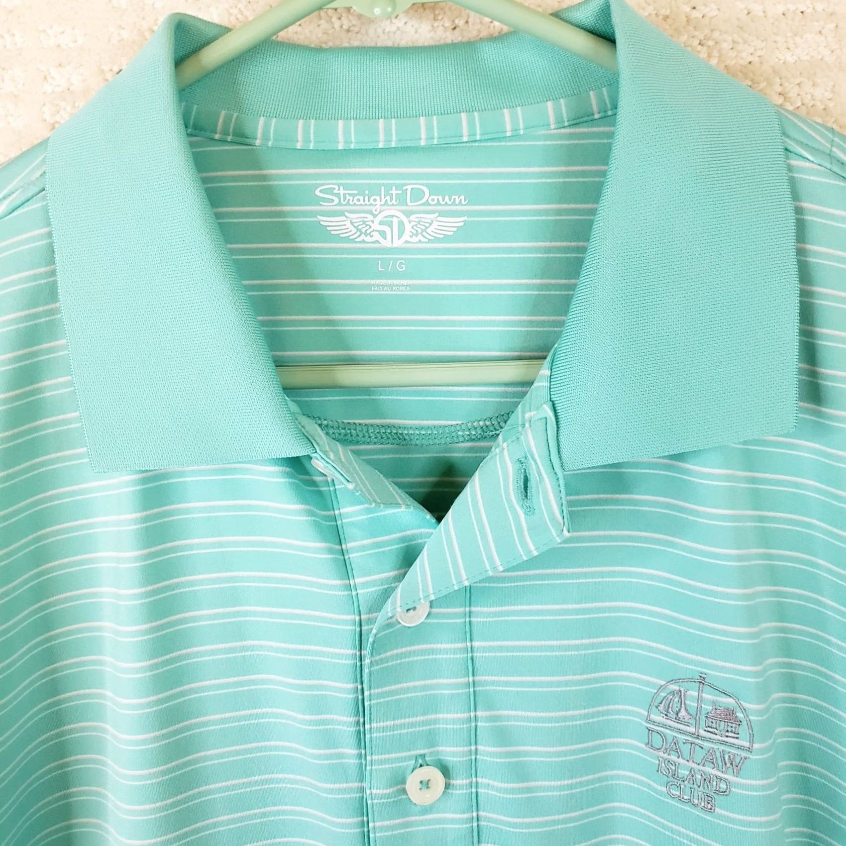 Vintage VINTAGE Straight Down Polo Shirt Mens L Green White Stripe Golf Poly Spandex Dataw Island Club Short Sleeve Logo Accents Green 90s Theme Mens Size US L / EU 52-54 / 3 - 4 Thumbnail