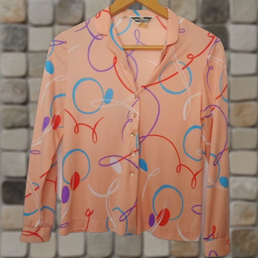 Vintage VINTAGE Blouse Shirt Womens 16 Peach Geometric Disco 1970s 1980s Blouse Size XXL / US 16-18 / IT 52-54 - 1 Thumbnail