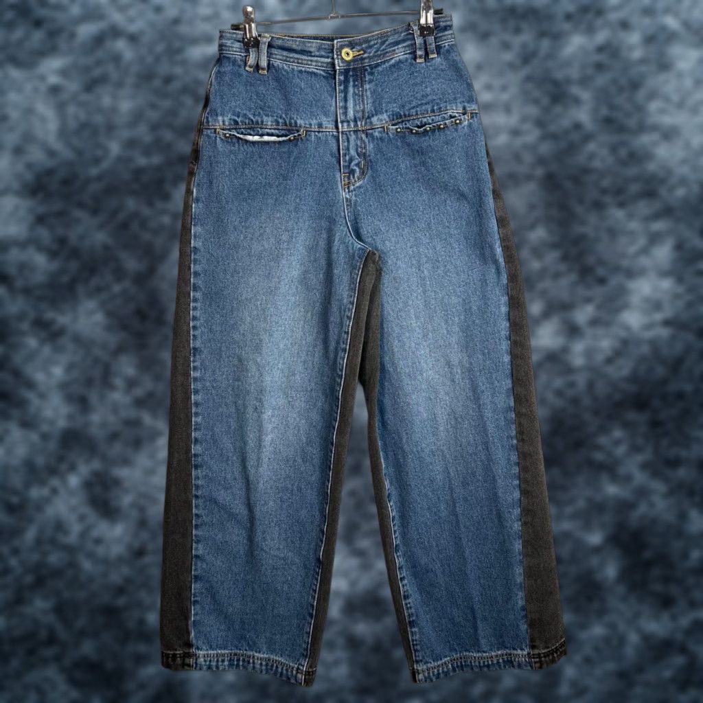 Denime PRPR Womens Jeans Black Blue Two-Tone High-Waist Denim With Stud Detail Size Small Adult Womens Wide-Leg Inseam 30 in 25 in Vintage No Size 42" / US 20 - 1 Thumbnail