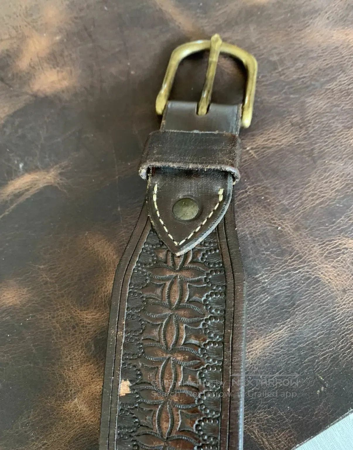 Polo Ralph Lauren Brown Tooled Leather Belt with Brass Buckle. Size ONE SIZE - 5 Thumbnail