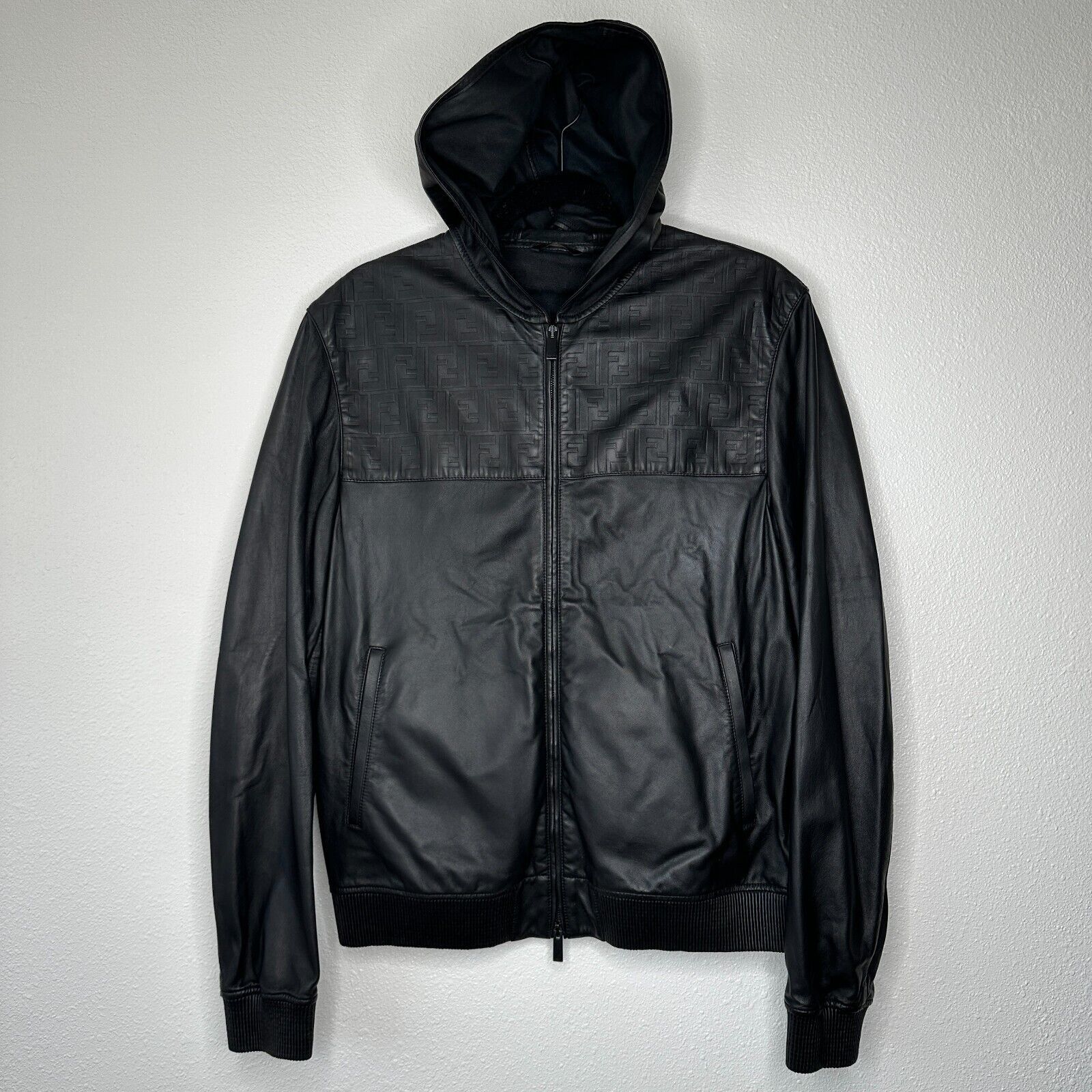 Fendi Fendi Black Leather Embossed Monogram Front Hooded Jacket Size US L / EU 52-54 / 3 - 2 Thumbnail