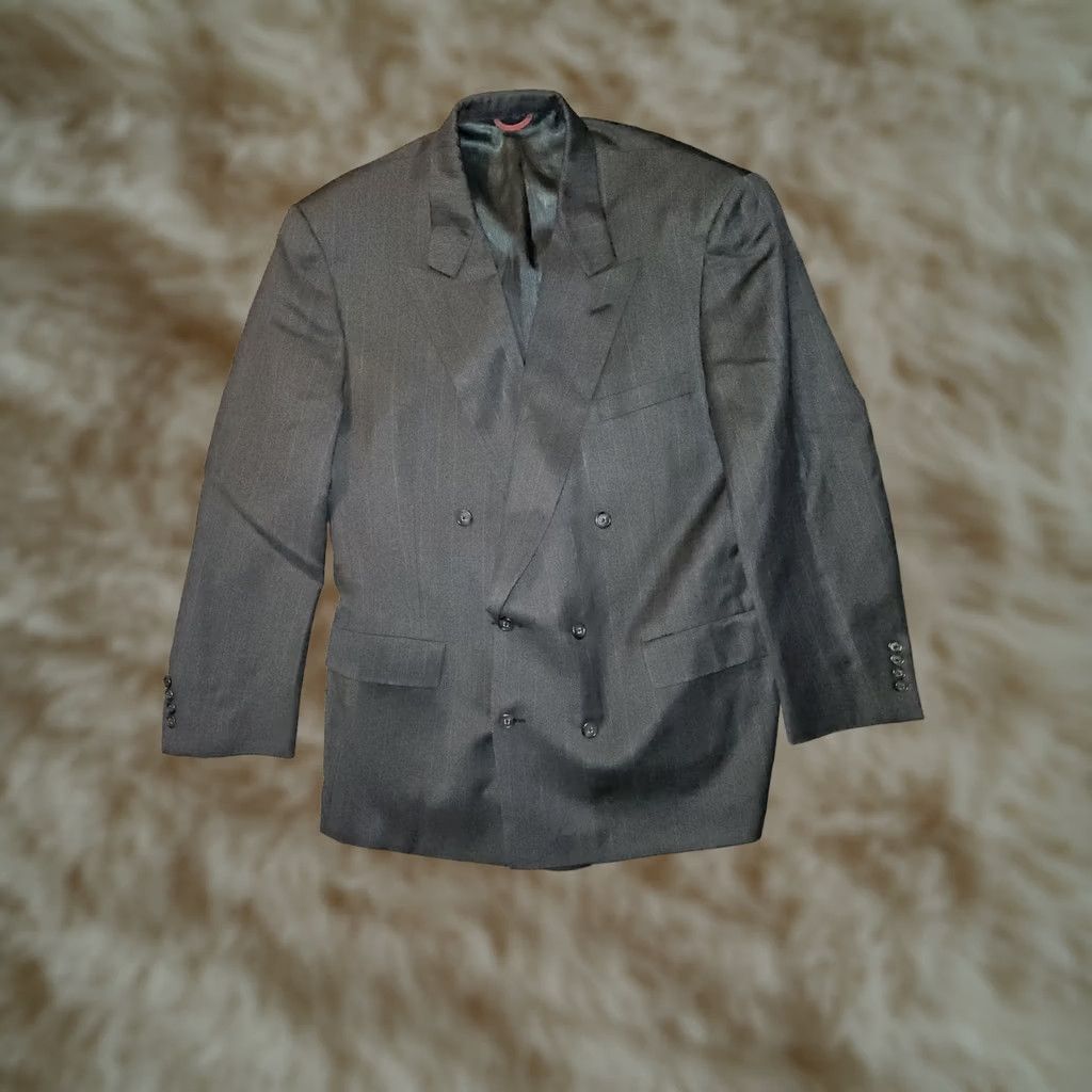Hart Schaffner Marx VINTAGE Hart Schaffner Marx Silver Trumpster Blazer Men's 46R Gray Virgin Wool Double-Breasted Striped Classic Dad USA Mens Size 46R - 1 Thumbnail