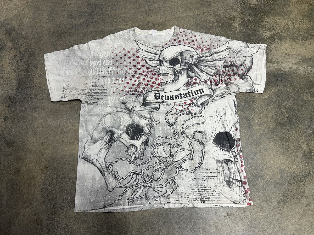 Affliction × Japanese Brand × Vintage Rare🔥Vintage Devastation Goth Skulls Shirt All Over Print Size US XL / EU 56 / 4 - 1 Thumbnail