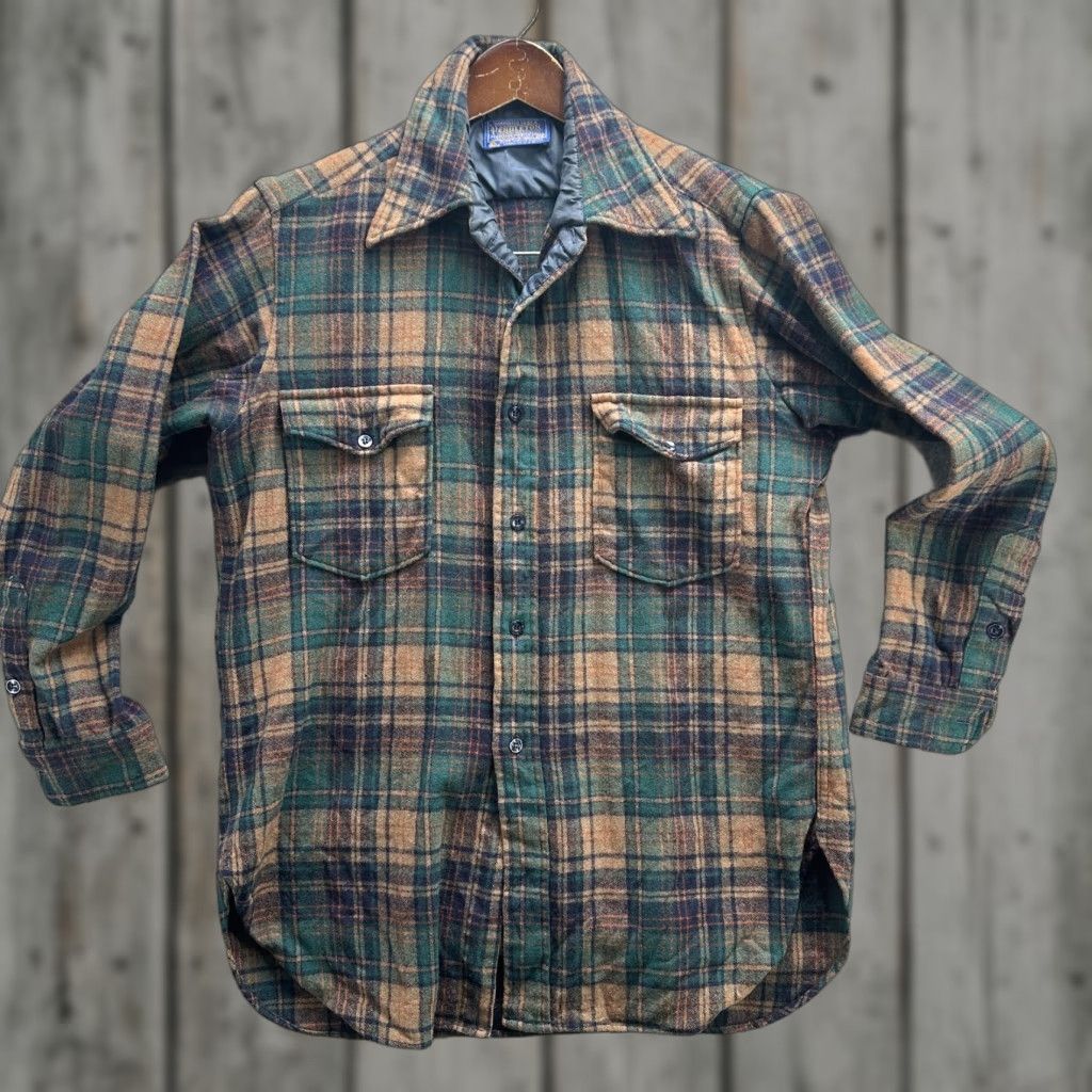 Pendleton VINTAGE Pendleton Jacket Mens L Green Brown Plaid Wool Lined Shirt 70s Size US L / EU 52-54 / 3 - 1 Thumbnail