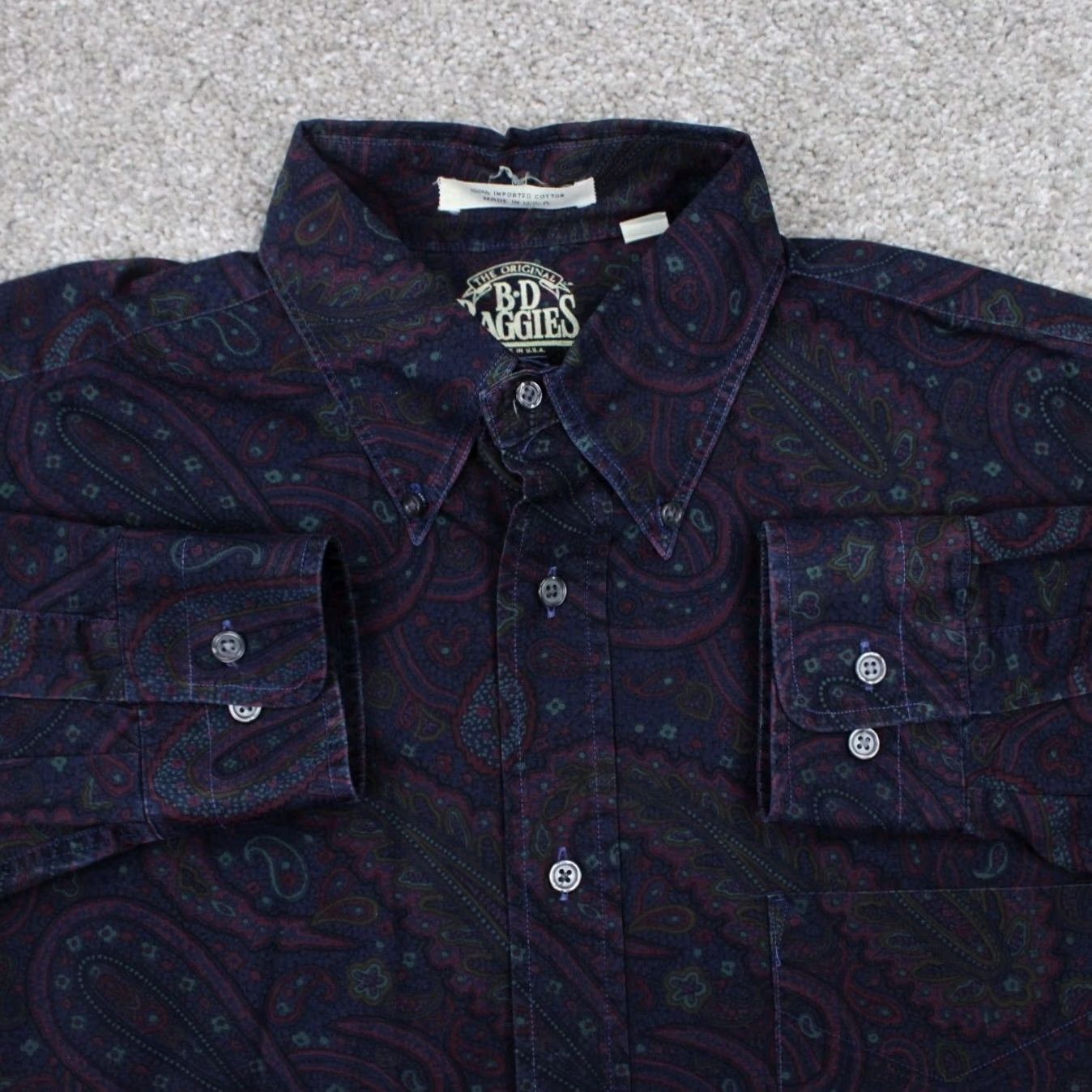 Vintage B.D. Baggies Dress Shirt Men 15 32/33 Blue/Purple Floral 100% Cotton L/S Button-Down Shirt Mens 90s Aloha Floral Size 40R - 2 Thumbnail