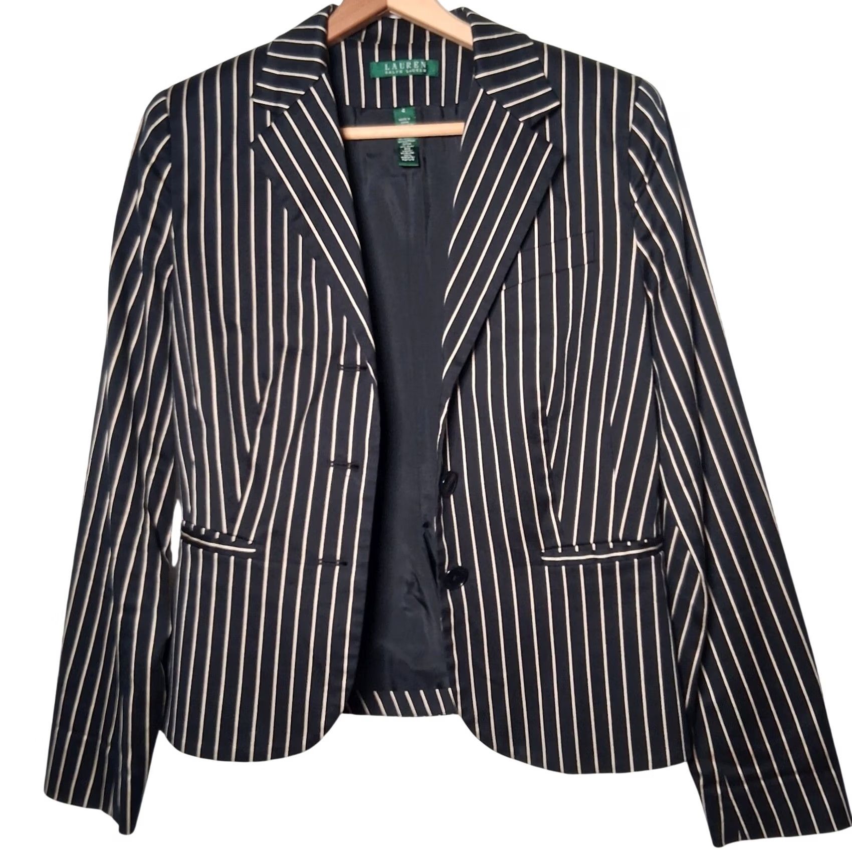 Ralph Lauren VINTAGE Lauren Ralph Lauren Blazer Women 4 Black Tan Striped Classic Preppy Cotton Silk Blazer Women 4 Black Tan Striped Size S / US 4 / IT 40 - 3 Thumbnail