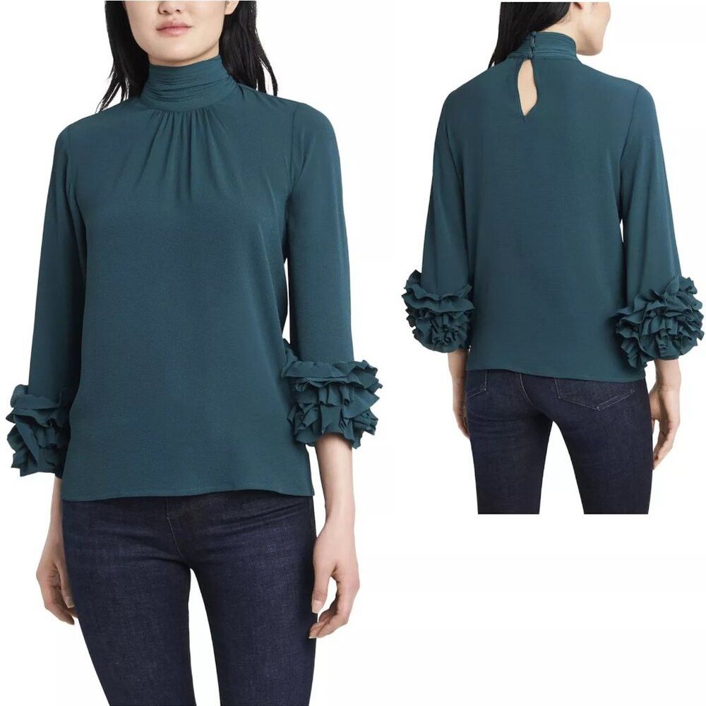 Vince Camuto NWT New $99 Vince Camuto High Neck Ruffle Sleeve Green Blou Size S / US 4 / IT 40 - 1 Thumbnail