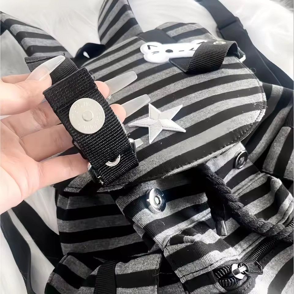 Japanese Brand 🖤💀 Y2K PUNK EMO Backpack - Black/Grey Stripe Size ONE SIZE - 4 Thumbnail
