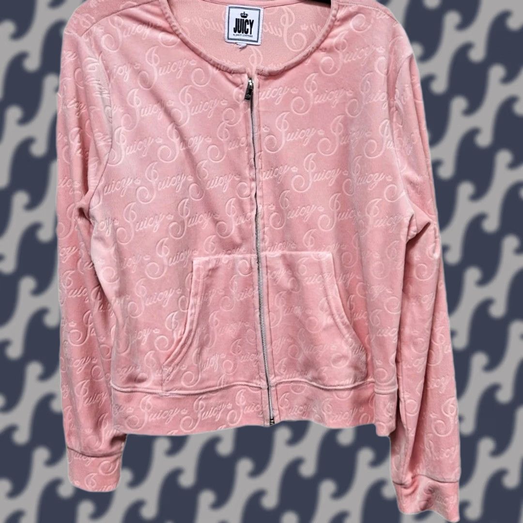 Juicy Couture VINTAGEJuicy Couture Pink Velour Full Zip Hoodie Track Jacket Womens L Velour Full Zip Logo Pattern Retro Jacket 90s Size L / US 10 / IT 46 - 1 Thumbnail