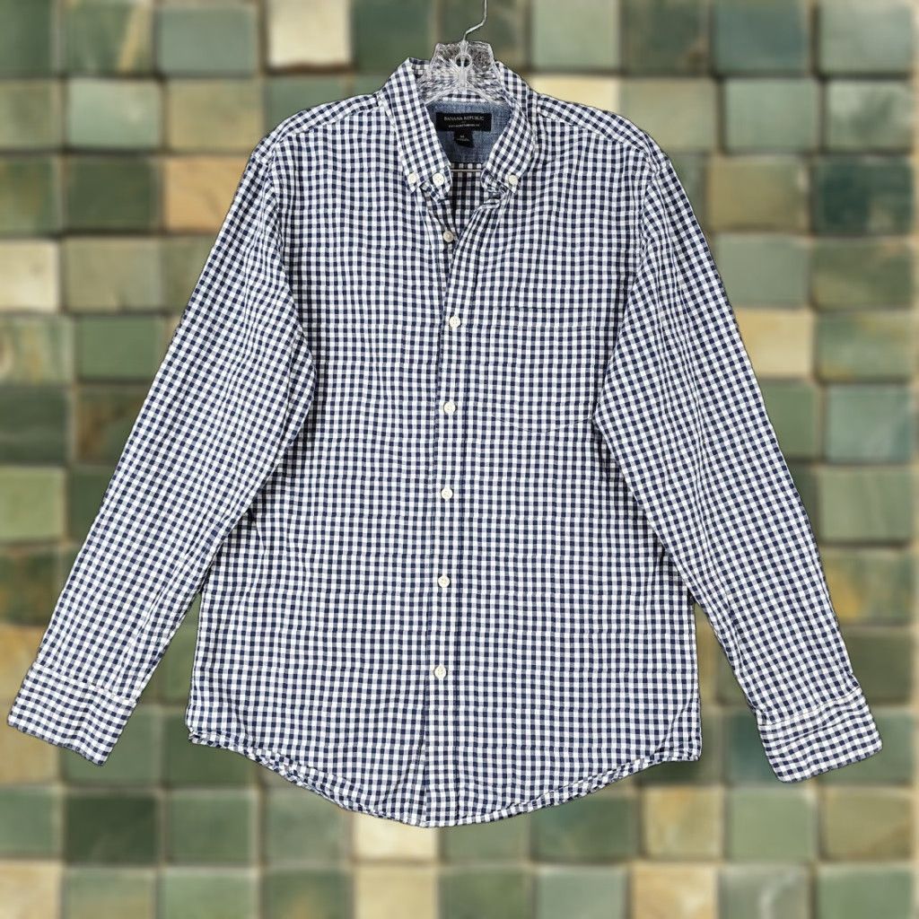 Banana Republic Banana Republic Mens Blue White Check Long Sleeve Button-Up Size M Size US M / EU 48-50 / 2 - 1 Thumbnail