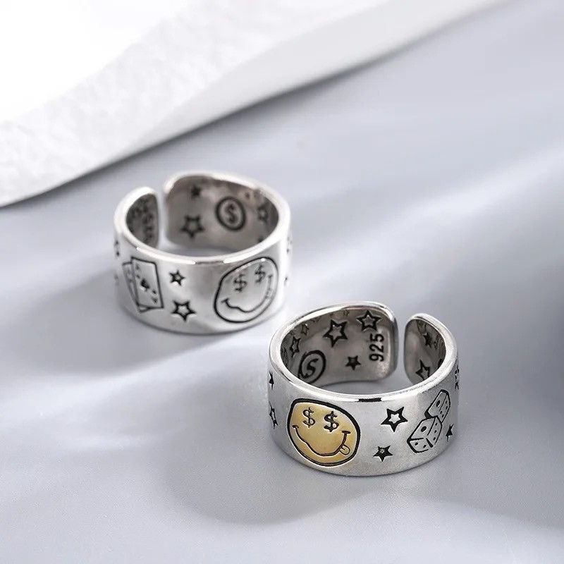 Jewelry × Vintage Personality Smile Face Poker Dice Design Vintage Thai Silver Size ONE SIZE - 3 Thumbnail