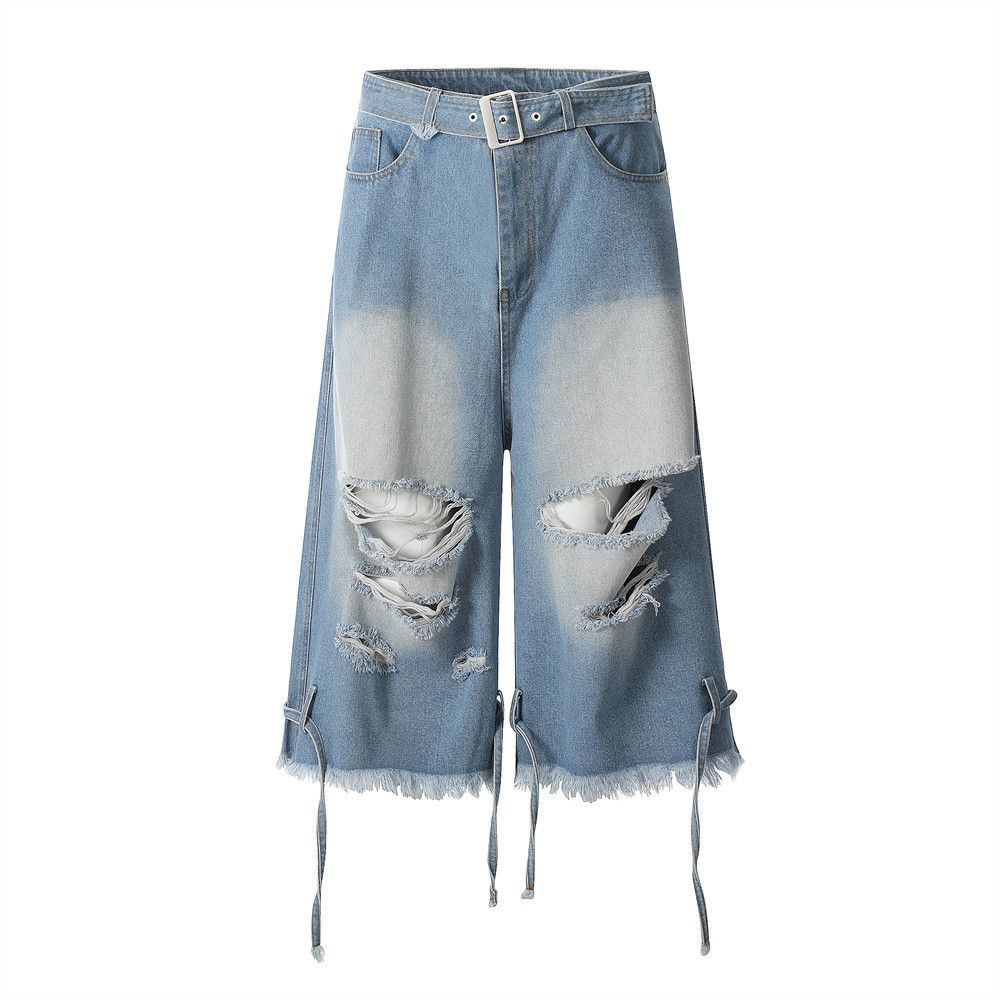 Japanese Brand × Jean Men's American street loose wide-leg ripped denim shorts Size US 32 / EU 48 - 1 Thumbnail