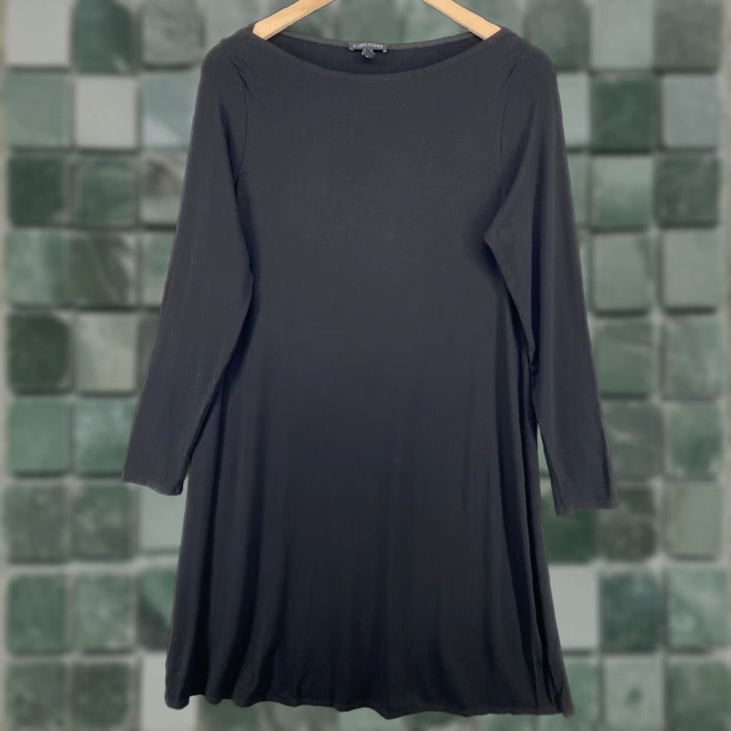 EILEEN FISHER Dress M Stretch Viscose Jersey Lap Shoulder Long Sleeve Black  USA Dress M Stretch