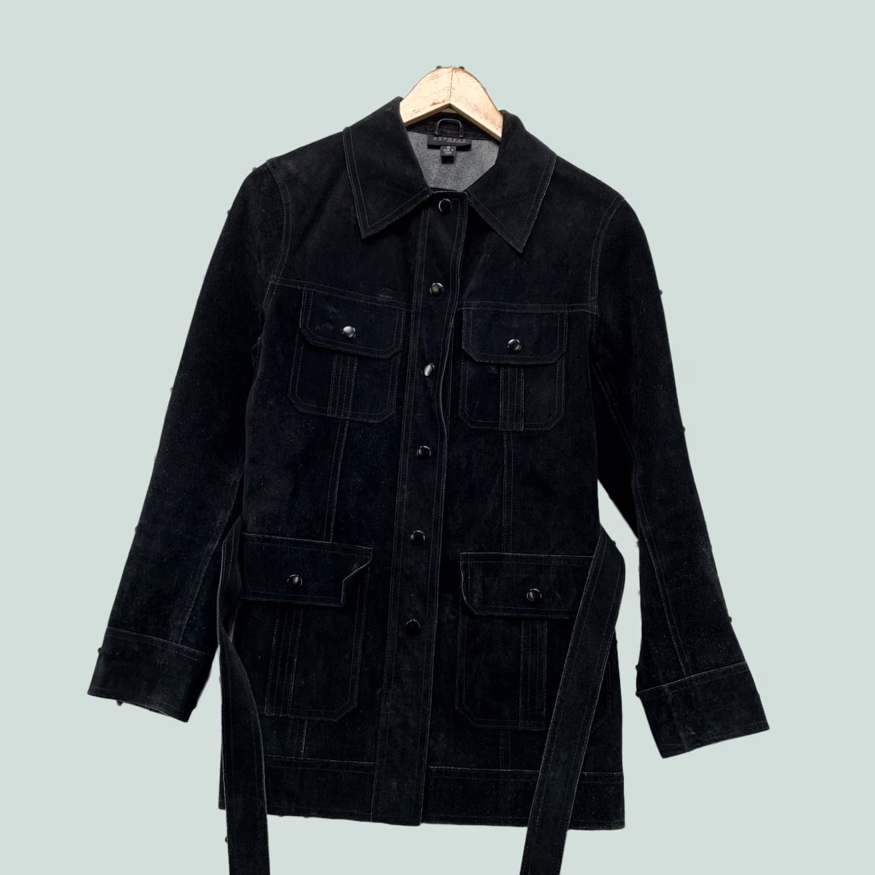 Express VINTAGE Express Suede Safari Field Jacket Womens XS/S Black Belted Utility Size S / US 4 / IT 40 - 1 Thumbnail
