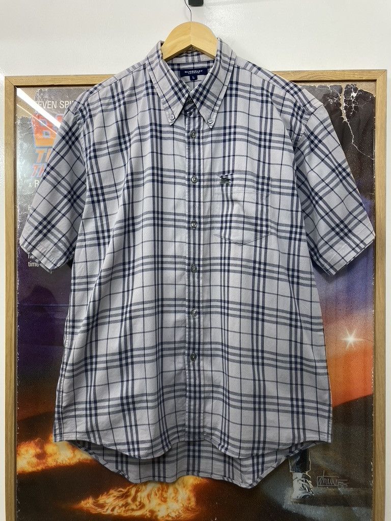 Burberry 00s Vintage Burberry Navy Grey Nova Check Short Sleeve Shirt Size US L / EU 52-54 / 3 - 1 Thumbnail