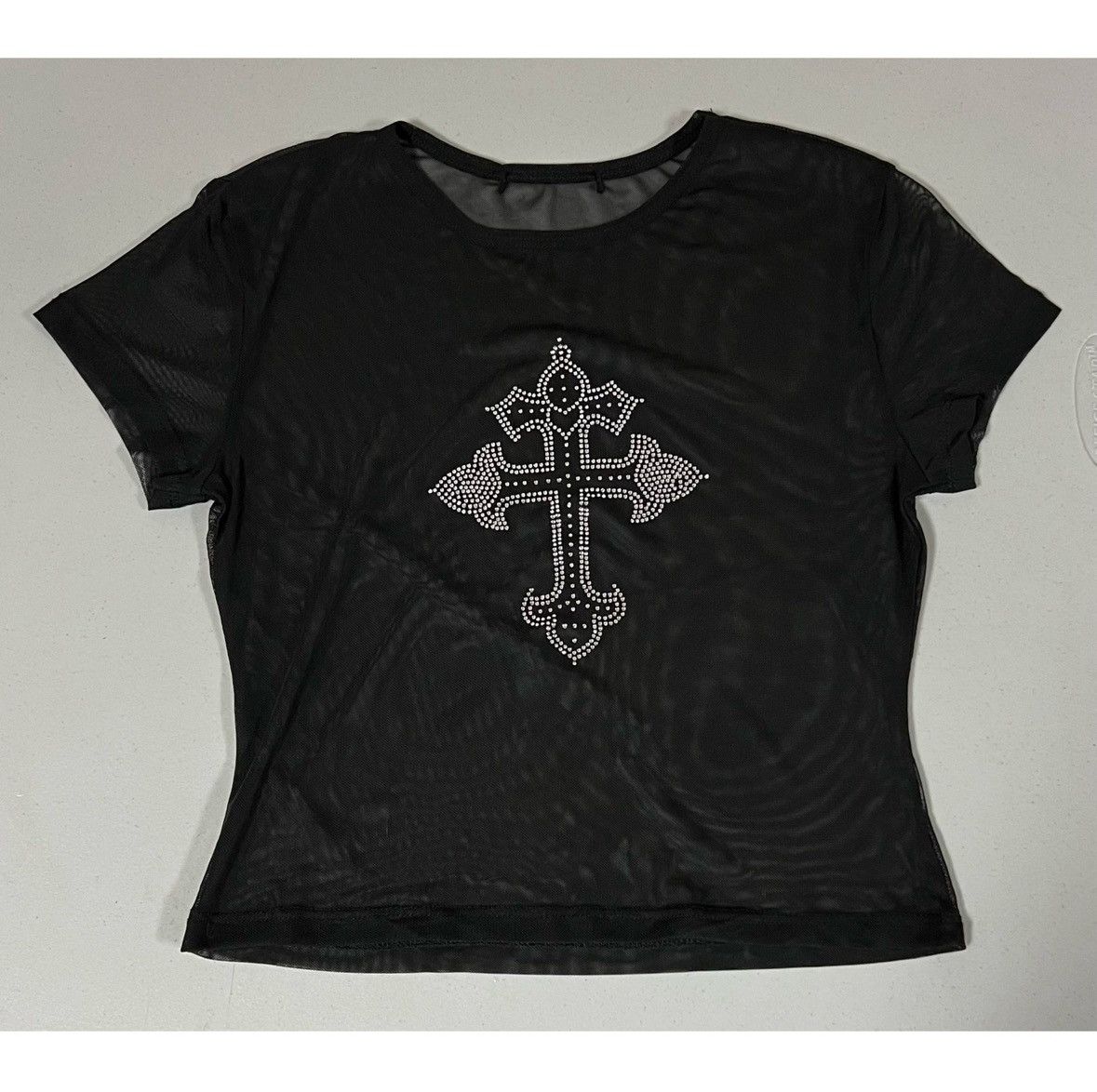 Vintage Black Diamond Gothic Cross Mesh Shirt Crop Top Tee Size M 💎 Size M / US 6-8 / IT 42-44 - 2 Thumbnail