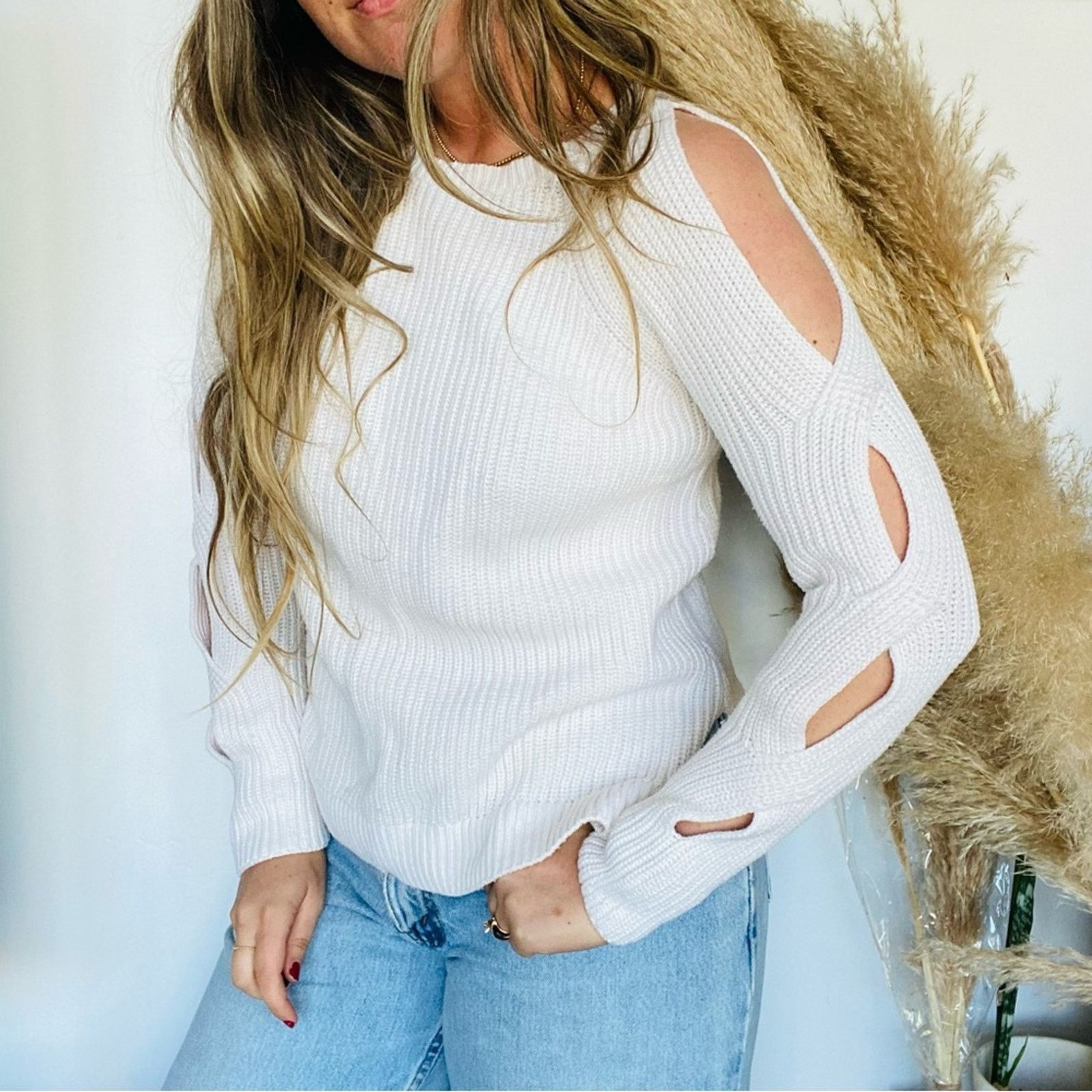 ANN TAYLOR LOFT White Cutout Open Chunky Knit Sweater