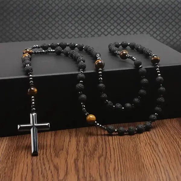 Vintage Natural Lava Stone Tiger-eye Hematite Cross Pendant Necklace Size ONE SIZE - 1 Thumbnail