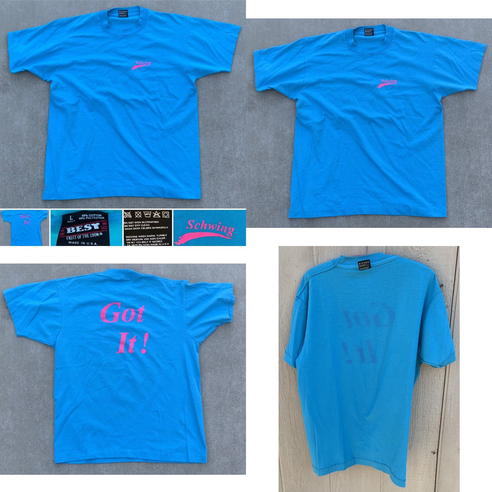 Fruit Of The Loom VINTAGE Fruit of the Loom T-Shirt Shirt Unisex Adults L Crew Neck Short Sleeve Blue 90s Schwing Got It Graphic Single Stitch Tee Size US L / EU 52-54 / 3 - 9 Thumbnail