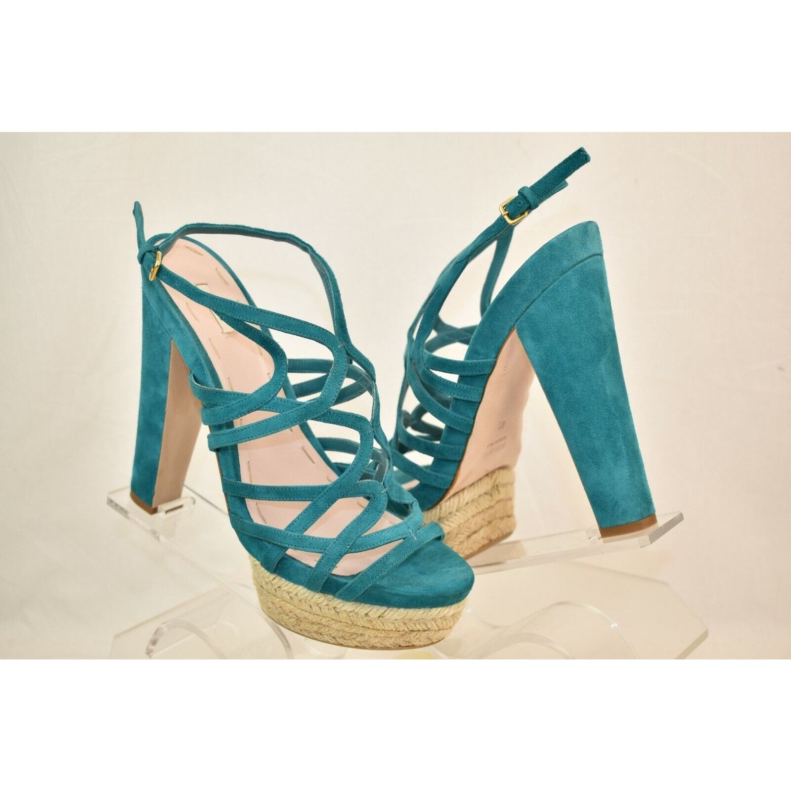 Miu Miu TURQUOISE SUEDE CRISS CROSS PLATFORM ESPADRILLE SANDALS 40 Size US 10 / IT 40 - 4 Thumbnail