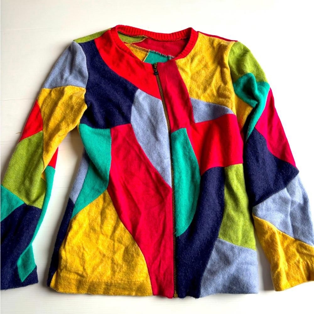 Designer Handmade Women's grunge Color Block zip up Sweater Size L / US 10 / IT 46 - 1 Thumbnail