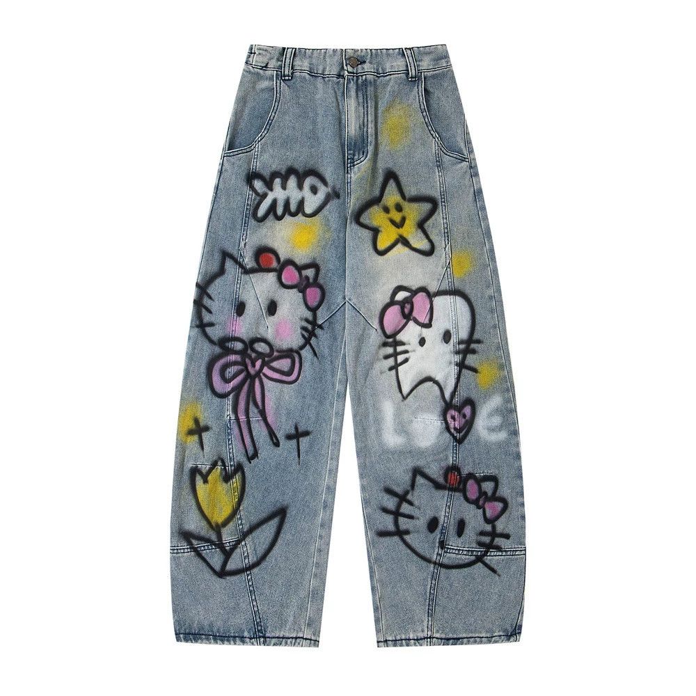 Jean Men's distressed washed graffiti cartoon machete jeans Size US 32 / EU 48 - 1 Thumbnail