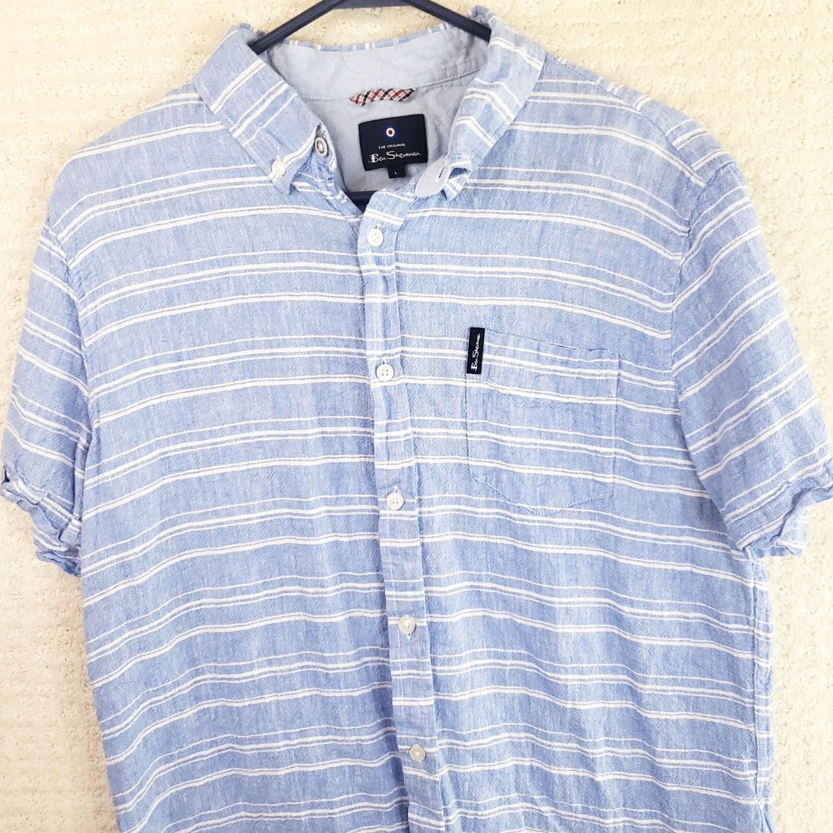 Ben Sherman Ben Sherman Mens L Blue Stripe Linen Blend Shirt Short Sleeve Collared Button-Up Casual Size US L / EU 52-54 / 3 - 2 Thumbnail