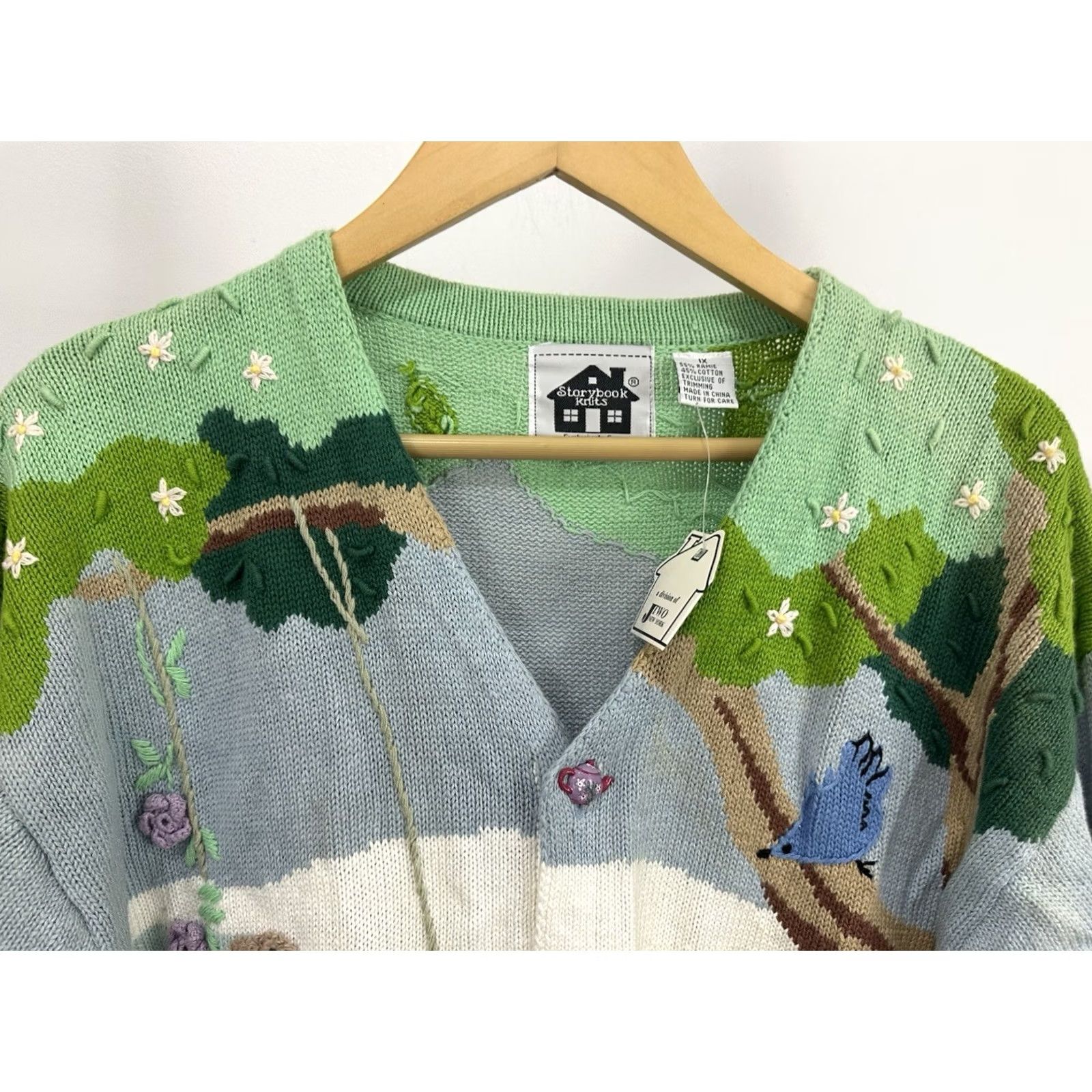 Vintage NWT VTG Storybook Knits Picnic Swing Park Tree AOP Kawaii Cardigan Sweater 1X Size XL / US 12-14 / IT 48-50 - 3 Thumbnail
