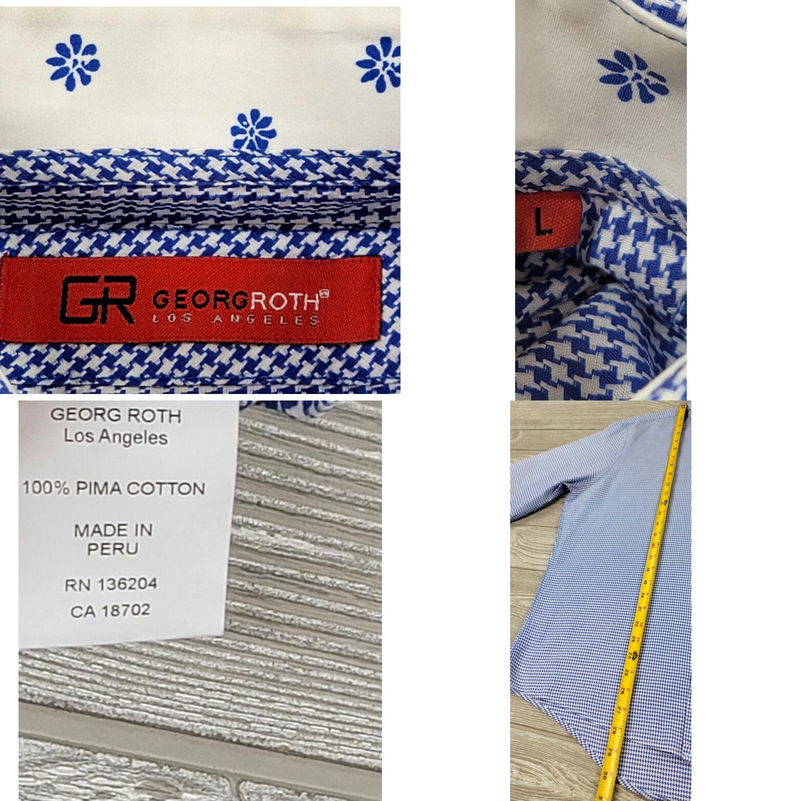 George Georg Roth Los Angeles Long Sleeve Button Up Shirt Houndstooth Mens L Blue White Multicolor Button-Up Shirt L Mens Size US L / EU 52-54 / 3 - 8 Thumbnail
