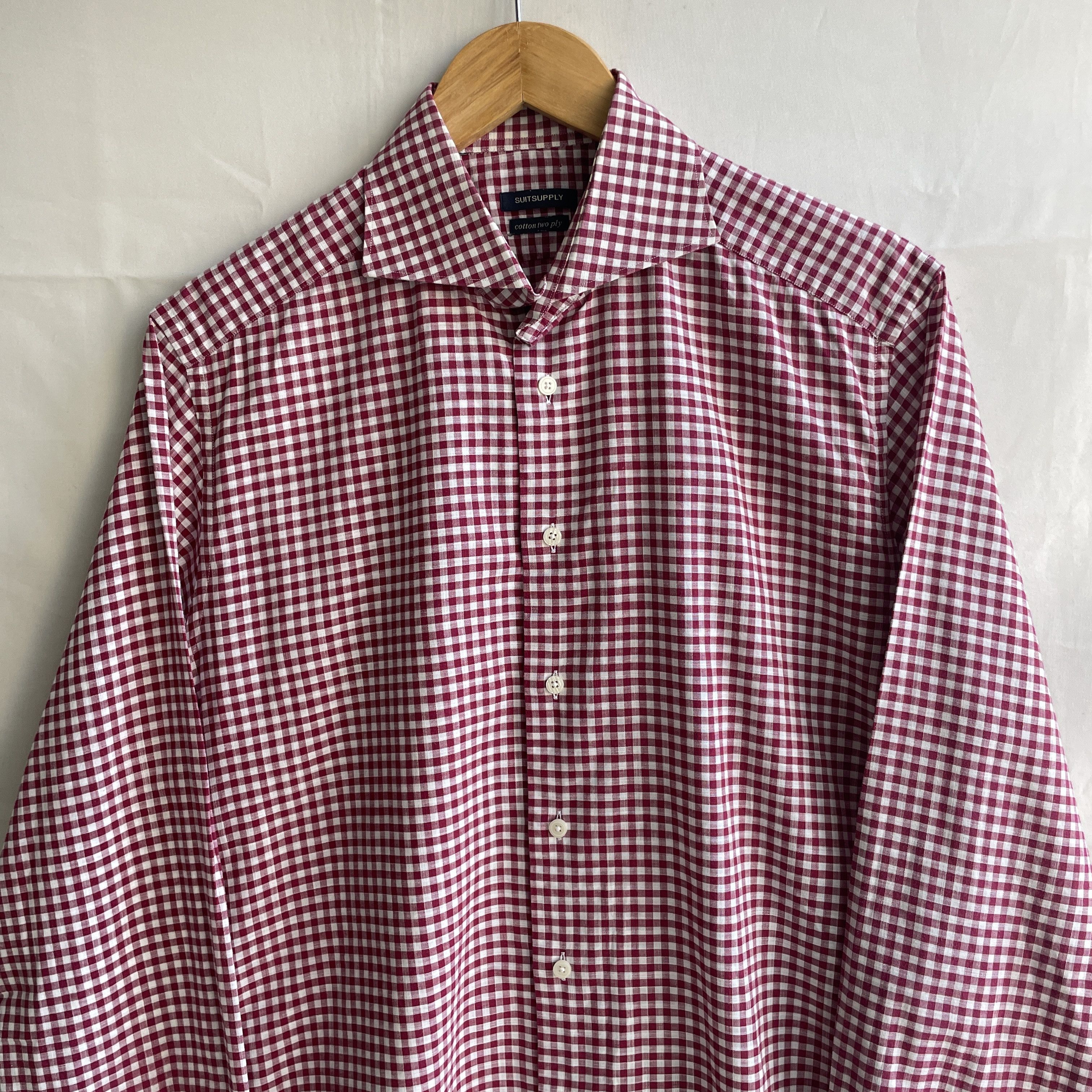 Suitsupply Suitsupply Gingham Check Red Spread Collar Dress Shirt Size 42R - 3 Thumbnail