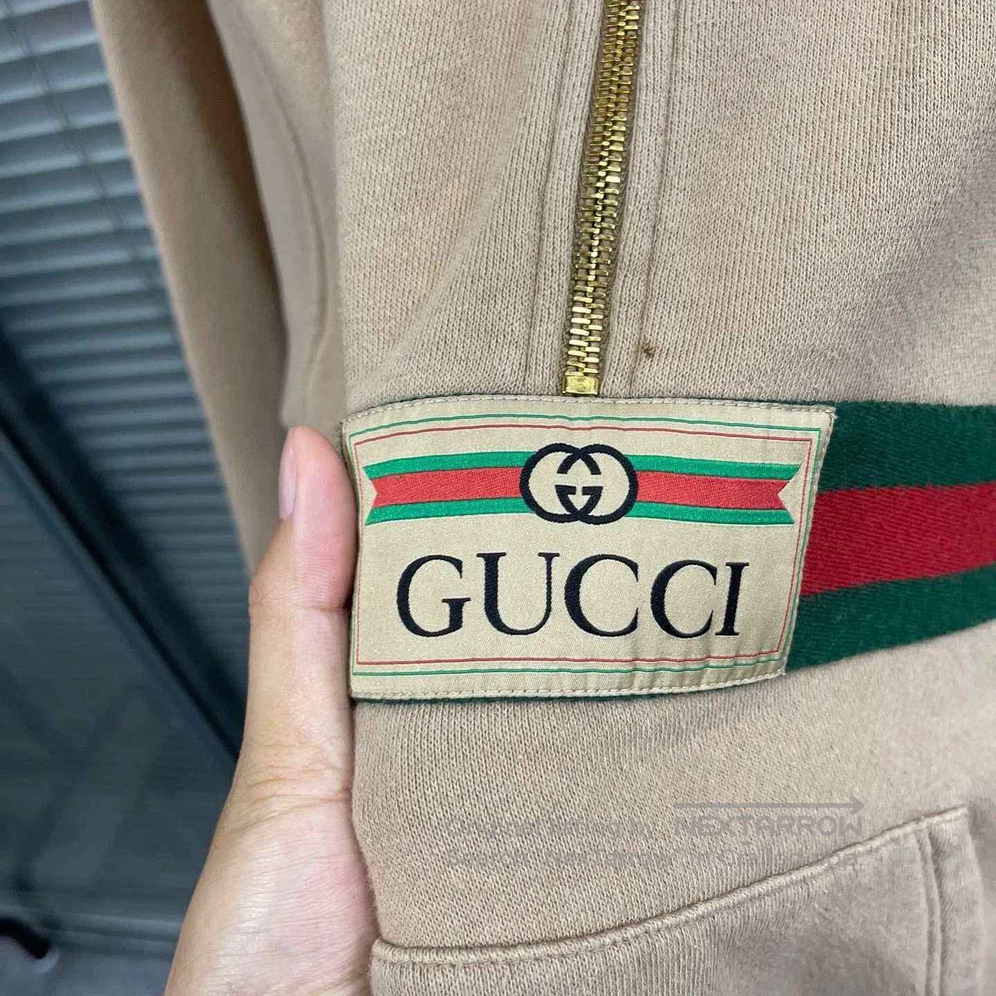 Gucci Beige Half-Zip Hoodie with Striped Chest Band. Size US M / EU 48-50 / 2 - 4 Thumbnail