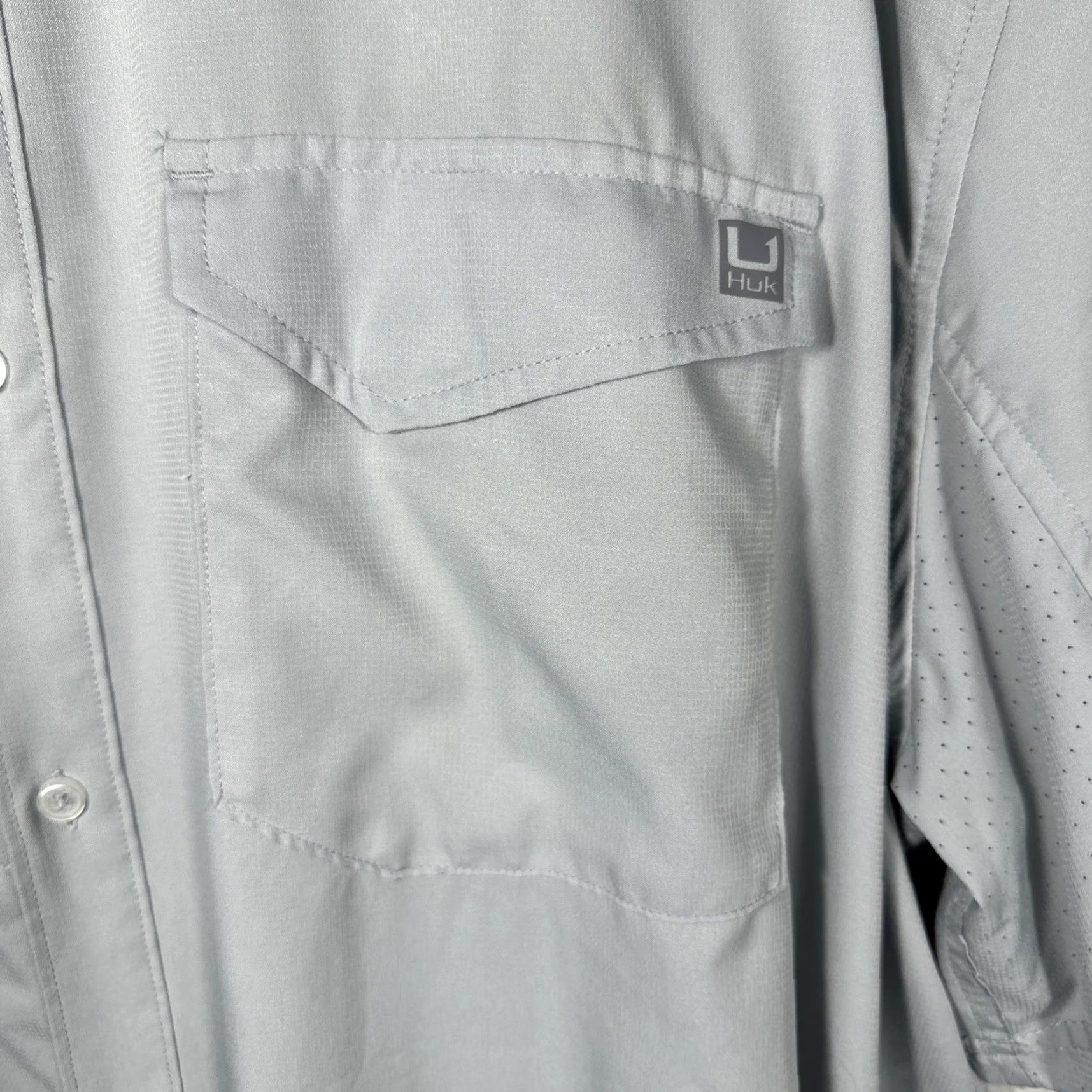 Vintage Huk Tide Point Shirt Men's 3XL Button-Up Short Sleeve Gray Polyester Breathing Pockets Embroidered Logo Vented Performance Guide Size US XXL / EU 58 / 5 - 2 Thumbnail