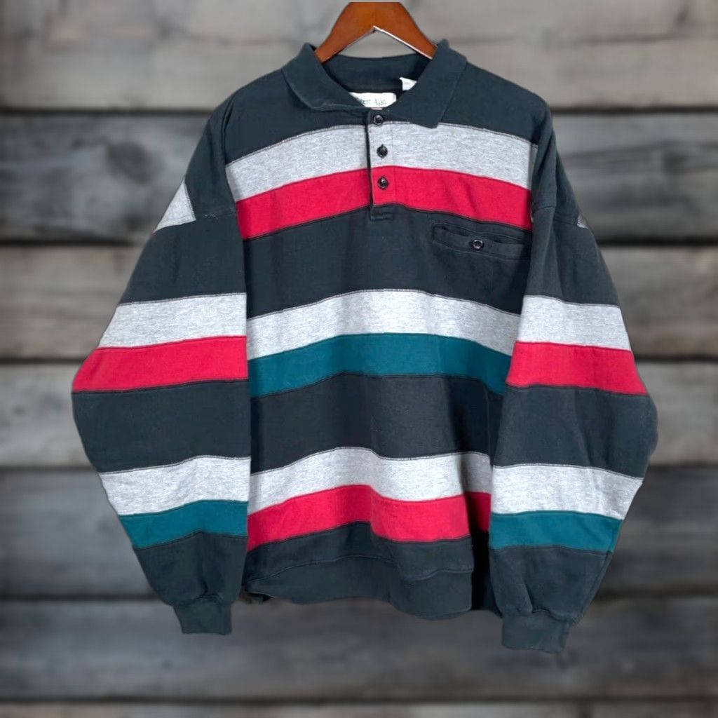 Vintage VINTAGE Robert Alan Sweater Shirt XL Black Gray Striped Collared Heavyweight 90s Pullover Men’s Size US XL / EU 56 / 4 - 1 Thumbnail