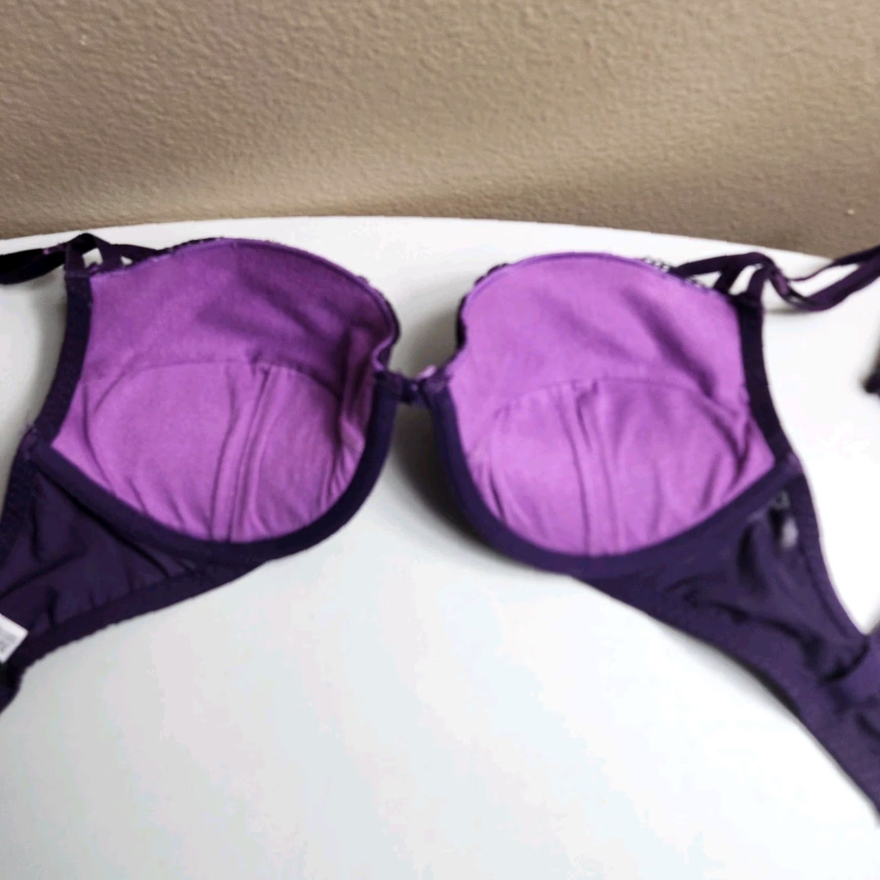 Vintage Adore Me Bra |32DD| Plum Purple Lace Push Up Balconette Bra Womens 32DD Purple Lace Back Closure Adjustable Strap Removable Pads Size ONE SIZE - 6 Thumbnail